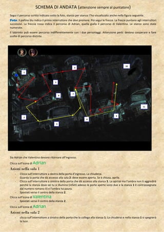 SCHEMA DI ANDATA (attenzione sempre al puntatore)
Segui il percorso scritto indicato sotto la foto, stanza per stanza: l’ho visualizzato anche nella figura seguente.
Foto: Il pallino blu indica il primo interruttore che devi premere. Poi segui le frecce. Le frecce puntano agli interruttori
successivi. La freccia rossa indica il percorso di Adrian, quella gialla il percorso di Valentina. Le stanze sono state
numerate.
Il labirinto può essere percorso indifferentemente con i due personaggi. Attenzione però: devono cooperare e fare
scelte di percorso distinte.




                                                                                                    10
                                                         6
                                                                                                    0
           1



                                      5




                                                     7
                                           4




                                                                                                                   11



                                                                                           9
           2
                                                                  8

                                       3




Sia Adrian che Valentina devono ritornare all’ingresso.
Clicca sull’icona di Adrian
Azioni nella sala 1
    -   Clicca sull’interruttore a destra della porta d’ingresso. La chiuderai.
    -   Guarda la porta che dà accesso alla sala 2: deve essere aperta. Se è chiusa, aprila.
    -   Clicca sull’interruttore a sinistra della porta che dà accesso alla stanza 5. La aprirai ma l’ombra non ti aggredirà
        perché la stanza dove sei tu si illumina (infatti adesso le porte aperte sono due e la stanza 1 è contrassegnata
        dal numero romano II) e l’ombra ha paura.
    -   Spostati verso il centro della stanza 2.
Clicca sull’icona di Valentina
     - Spostati verso il centro della stanza 2.
Clicca sull’icona di Adrian
Azioni nella sala 2
    -   clicca sull’interruttore a sinistra della porta che la collega alla stanza 1. La chiuderai e nella stanza 1 si spegnerà
        la luce.
 