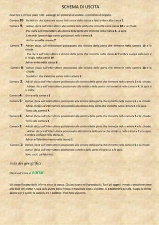 SCHEMA DI USCITA
Devi fare a ritroso quasi tutti i passaggi del percorso di andata. Li sintetizzo di seguito.
Camera 10: Sia Adrian che Valentina vanno fatti uscire dalla stanza e fatti andare alla stanza 9.
Camera   9:    Adrian clicca sull’interruttore alla sinistra della porta che immette nella stanza 10 e la chiude.
               Poi clicca sull’interruttore alla destra della porta che immette nella stanza 8. La apre.
               Entrambi i personaggi vanno posizionati nella camera 8.
               Adrian va nella camera 7.
Camera   7:    Adrian clicca sull’interruttore posizionato alla sinistra della porta che immette nella camera 10 e la
               chiude.
                 Poi clicca sull’interruttore a sinistra della porta che immette nella stanza 6. L’ombra scappa dalla luce e
               si rifugia nella stanza 10.
               Adrian entra nella stanza 6.
Camera    6:   Adrian clicca sull’interruttore posizionato alla sinistra della porta che immette nella camera 10 e la
               chiude.
               Sia Adrian che Valentina vanno nella camera 2.
Camera   2:    Adrian clicca sull’interruttore posizionato alla sinistra della porta che immette nella camera 3 e la chiude.
                Adrian clicca sull’interruttore posizionato alla sinistra della porta che immette nella camera 4, la apre e
               vi entra.
Camera 4:      Entra nella camera 5
Camera 5: Adrian clicca sull’interruttore posizionato alla sinistra della porta che immette nella camera 6 e la chiude.
               Adrian clicca sull’interruttore posizionato alla destra della porta che immette nella camera 1 e la apre.
               Torna alla camera 4.
Camera 4:      Adrian clicca sull’interruttore posizionato alla sinistra della porta che immette nella camera 5 e la chiude.
               Torna alla camera 2
Camera 2:      Adrian clicca sull’interruttore posizionato alla sinistra della porta che immette nella camera 4 e la chiude.
                 Adrian clicca sull’interruttore posizionato alla sinistra della porta che immette nella camera 1 e la apre.
               L’ombra si rifugia nella stanza 5.
               Adrian e Valentina vanno nella stanza 1.
Camera 1: Adrian clicca sull’interruttore posizionato alla sinistra della porta che immette nella camera 5 e la chiude.
               Adrian clicca sull’interruttore posizionato a destra della porta d’ingresso e la apre.
               Sono usciti dal labirinto.


Sala dei geroglifici

Clicca sull’icona di Adrian


Vai verso il piatto delle offerte sotto la statua. Cliccaci sopra ed ingrandiscilo. Tutti gli oggetti trovati si posizioneranno
alla base del piatto. Clicca sulla punta della freccia e trascinala sopra al piatto. Si posizionerà da sola. Esegui la stessa
azione per il pesce, la scodella ed il bastone. Vedi foto seguente.
 