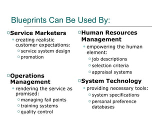 Blueprints Can Be Used By: Service Marketers creating realistic customer expectations: service system design promotion Operations Management rendering the service as promised: managing fail points training systems quality control Human Resources Management empowering the human element: job descriptions selection criteria appraisal systems System Technology providing necessary tools: system specifications personal preference databases 