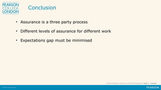 School of Business, Assurance and Risk Management, Topic 1 – Lecture
Conclusion
• Assurance is a three party process
• Different levels of assurance for different work
• Expectations gap must be minimised
 