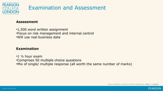 School of Business, Assurance and Risk Management, Topic 1 – Lecture
Assessment
•1,500 word written assignment
•Focus on risk management and internal control
•Will use real business data
Examination
•1 ½ hour exam
•Comprises 50 multiple choice questions
•Mix of single/ multiple response (all worth the same number of marks)
Examination and Assessment
 