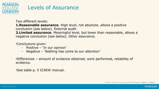 School of Business, Assurance and Risk Management, Topic 1 – Lecture
Two different levels:
1.Reasonable assurance. High level, not absolute, allows a positive
conclusion (see below). External audit.
2.Limited assurance. Meaningful level, but lower than reasonable, allows a
negative conclusion (see below). Other assurance.
•Conclusions given:
◦ Positive – ‘In our opinion’
◦ Negative – ‘Nothing has come to our attention’
•Differences – amount of evidence obtained, work performed, reliability of
evidence.
•See table p. 5 ICAEW manual.
Levels of Assurance
 