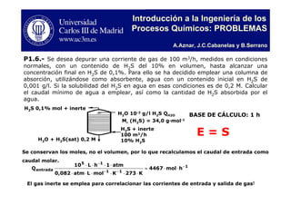 1
A.Aznar, J.C.Cabanelas y B.Serrano
Introducción a la Ingeniería de los
Procesos Químicos: PROBLEMAS
BASE DE CÁLCULO: 1 h
Se conservan los moles, no el volumen, por lo que recalculamos el caudal de entrada como
caudal molar.
1
11
15
entrada hmol4467
K273KmolLatm0,082
atm1hL10
Q −
−−
−
⋅⋅=
⋅⋅⋅⋅⋅⋅
⋅⋅⋅⋅
El gas inerte se emplea para correlacionar las corrientes de entrada y salida de gas
Mr (H2S) = 34,0 g·mol-1
H2O 10-3 g/l H2S QH2O
H2O + H2S(sat) 0,2 M
H2S + inerte
100 m3/h
10% H2S
H2S 0,1% mol + inerte
E = S
P1.6.- Se desea depurar una corriente de gas de 100 m3/h, medidos en condiciones
normales, con un contenido de H2S del 10% en volumen, hasta alcanzar una
concentración final en H2S de 0,1%. Para ello se ha decidido emplear una columna de
absorción, utilizándose como absorbente, agua con un contenido inicial en H2S de
0,001 g/l. Si la solubilidad del H2S en agua en esas condiciones es de 0,2 M. Calcular
el caudal mínimo de agua a emplear, así como la cantidad de H2S absorbida por el
agua.
 