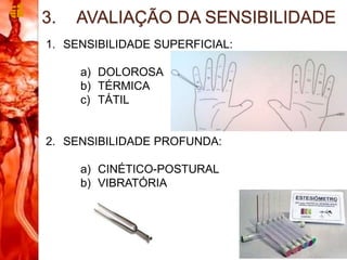 3. AVALIAÇÃO DA SENSIBILIDADE
1. SENSIBILIDADE SUPERFICIAL:
a) DOLOROSA
b) TÉRMICA
c) TÁTIL
2. SENSIBILIDADE PROFUNDA:
a) CINÉTICO-POSTURAL
b) VIBRATÓRIA
 