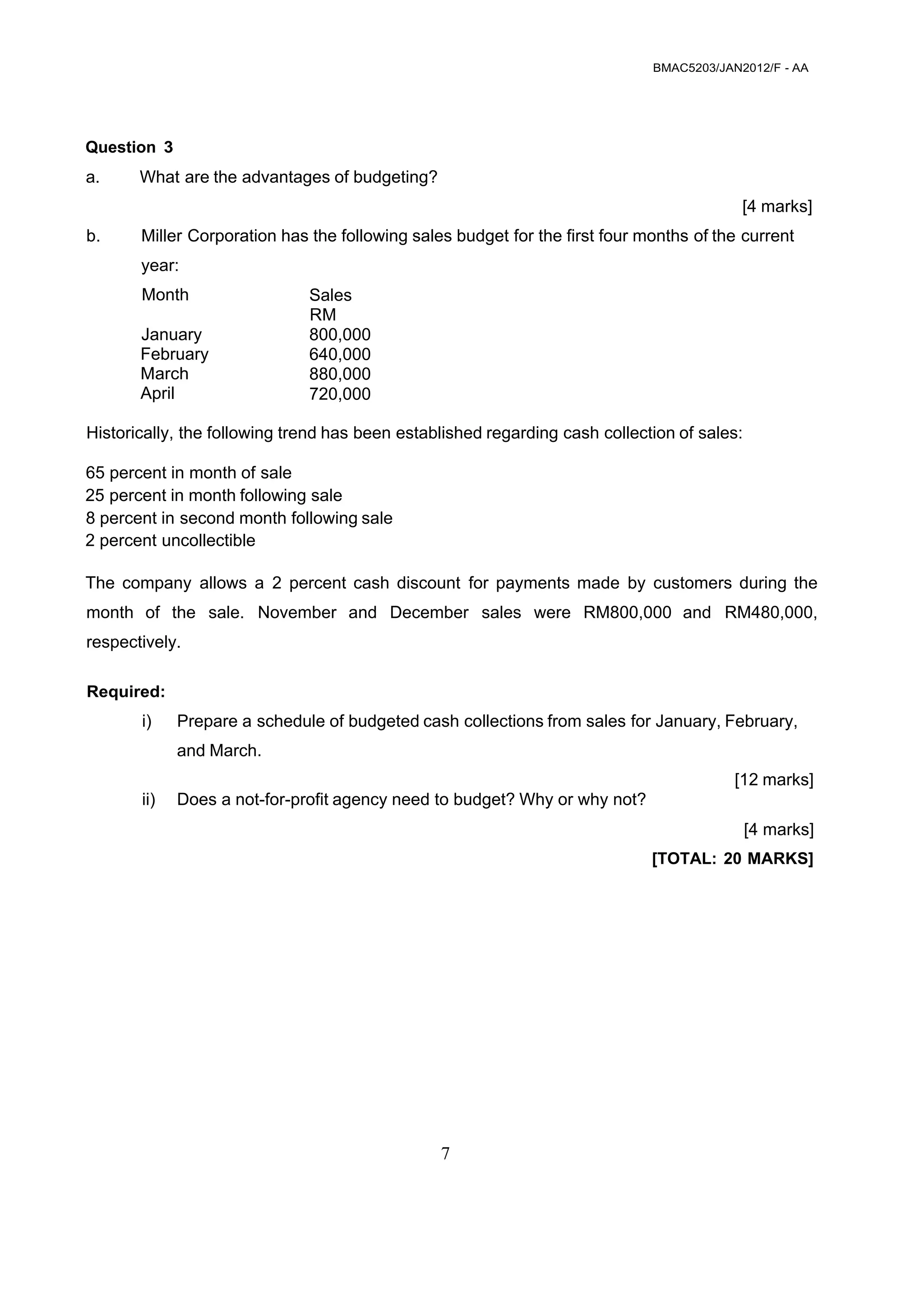 BMAC5203/JAN2012/F - AA
7
 
 
 
 
 
 
Question 3
 
a. What are the advantages of budgeting?
 
 
 
 
[4 marks]
b. Miller Corporation has the following sales budget for the first four months of the current
year:
 
Month
 
January
February
March
April
 
Sales
RM
800,000
640,000
880,000
720,000
 
Historically, the following trend has been established regarding cash collection of sales:
 
65 percent in month of sale
25 percent in month following sale
8 percent in second month following sale
2 percent uncollectible
 
The company allows a 2 percent cash discount for payments made by customers during the
month of the sale. November and December sales were RM800,000 and RM480,000,
respectively.
 
Required:
i) Prepare a schedule of budgeted cash collections from sales for January, February,
and March.
 
 
ii) Does a not-for-profit agency need to budget? Why or why not?
 
[12 marks]
 
 
[4 marks]
 
[TOTAL: 20 MARKS]
 