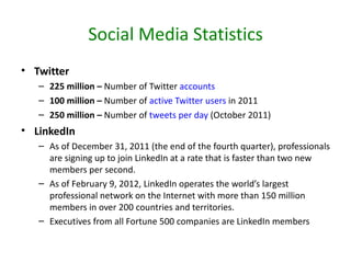 Social Media Statistics
• Twitter
   – 225 million – Number of Twitter accounts
   – 100 million – Number of active Twitte...