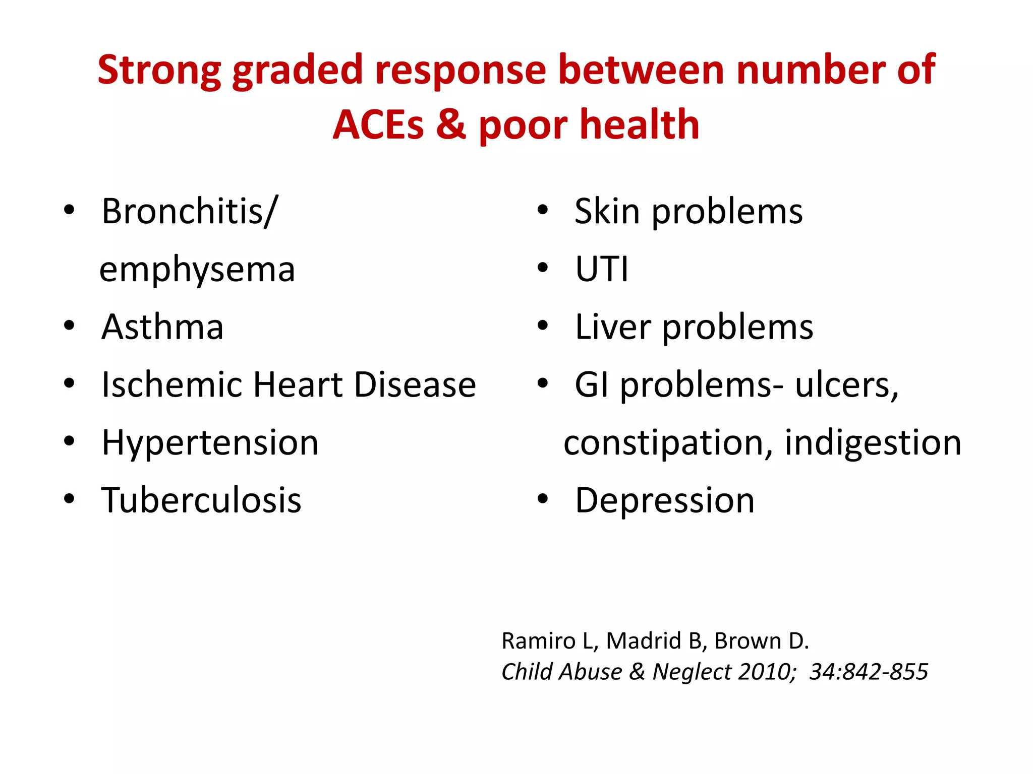 Strong graded response between number of 
ACEs & poor health 
• Bronchitis/ 
emphysema 
• Asthma 
• Ischemic Heart Disease 
• Hypertension 
• Tuberculosis 
• Skin problems 
• UTI 
• Liver problems 
• GI problems- ulcers, 
constipation, indigestion 
• Depression 
Ramiro L, Madrid B, Brown D. 
Child Abuse & Neglect 2010; 34:842-855 
 