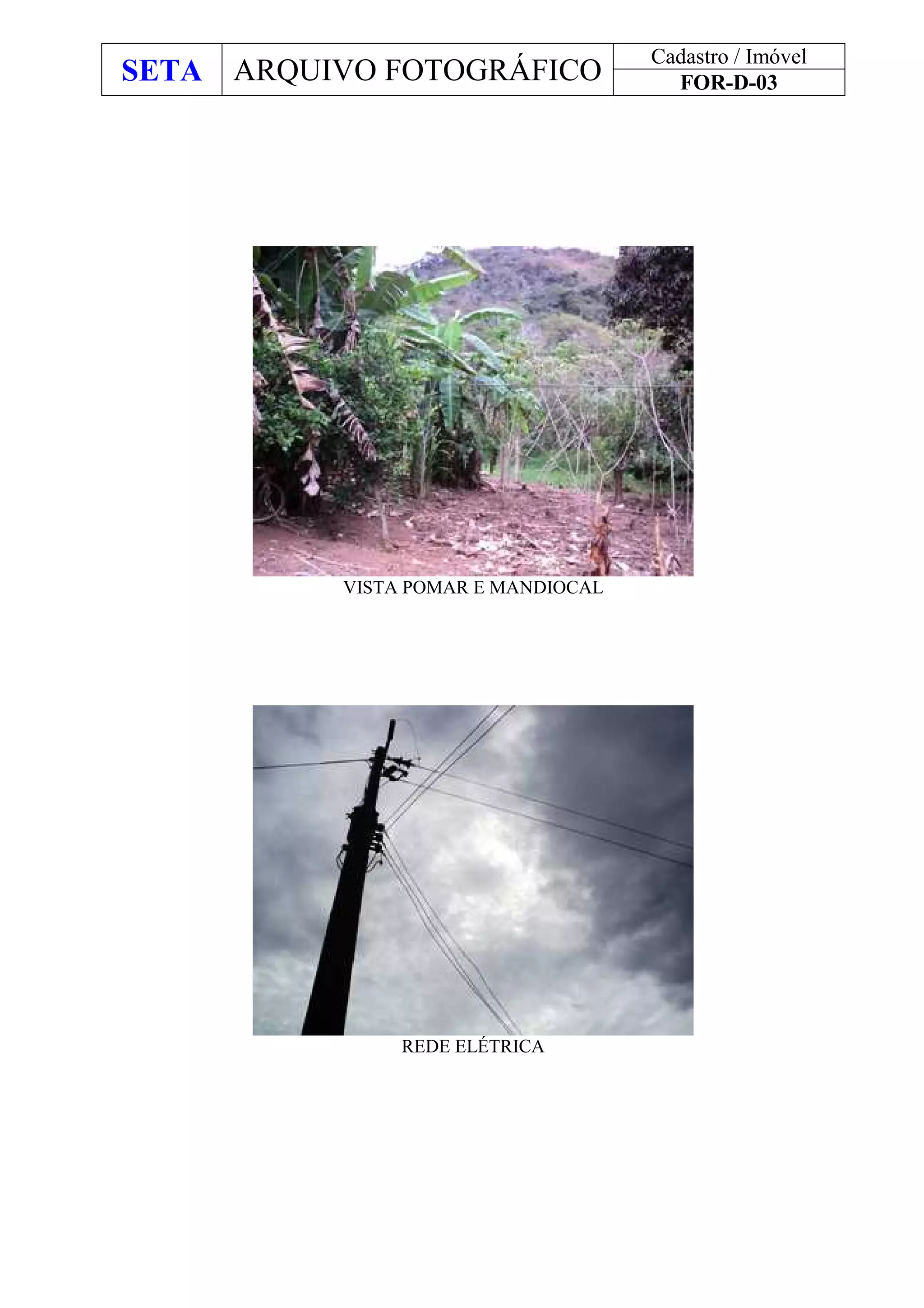 SETA ARQUIVO FOTOGRÁFICO
Cadastro / Imóvel
FOR-D-03
VISTA POMAR E MANDIOCAL
REDE ELÉTRICA
 