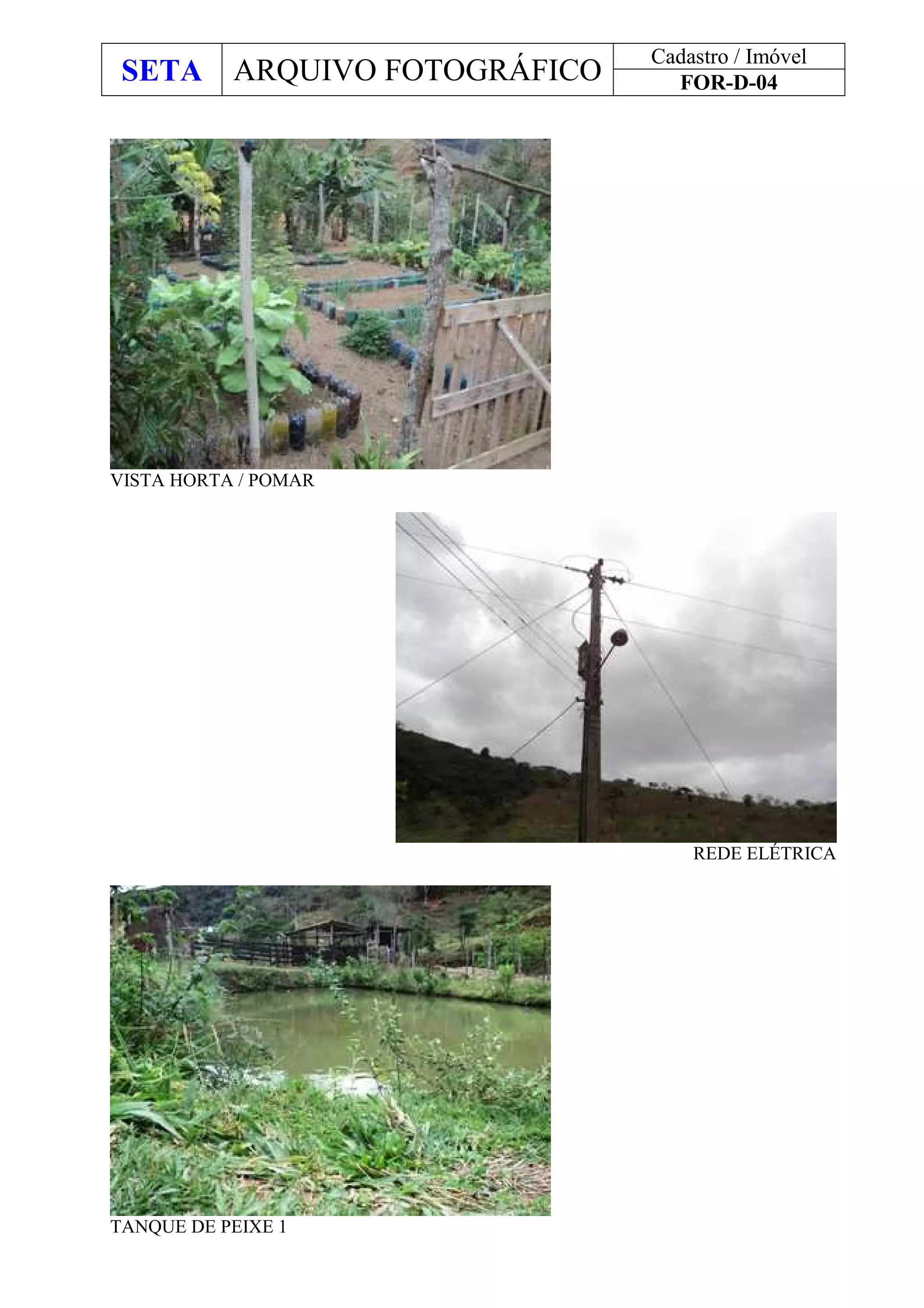 SETA ARQUIVO FOTOGRÁFICO
Cadastro / Imóvel
FOR-D-04
VISTA HORTA / POMAR
REDE ELÉTRICA
TANQUE DE PEIXE 1
 