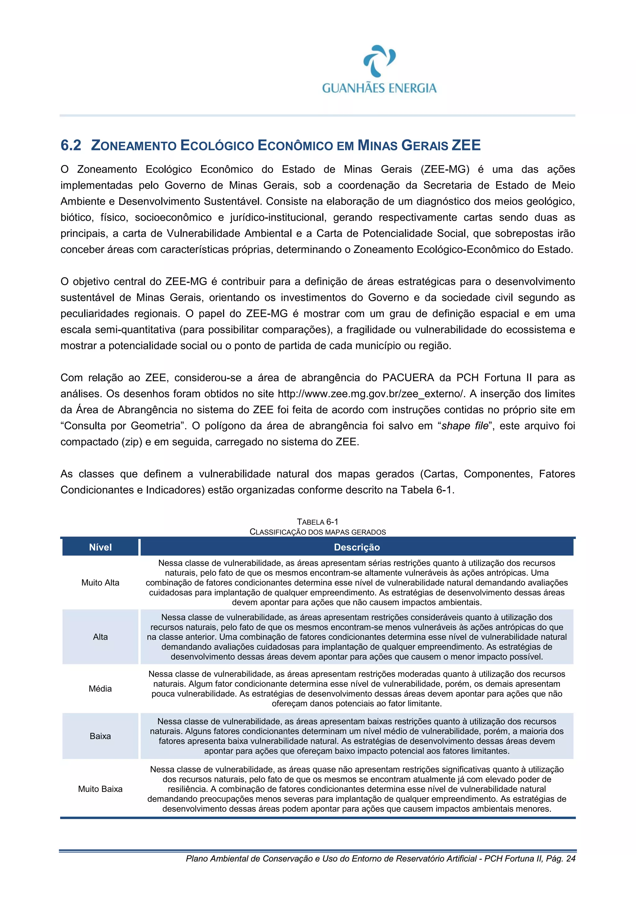 Plano Ambiental de Conservação e Uso do Entorno de Reservatório Artificial - PCH Fortuna II, Pág. 24
6.2 ZONEAMENTO ECOLÓGICO ECONÔMICO EM MINAS GERAIS ZEE
O Zoneamento Ecológico Econômico do Estado de Minas Gerais (ZEE-MG) é uma das ações
implementadas pelo Governo de Minas Gerais, sob a coordenação da Secretaria de Estado de Meio
Ambiente e Desenvolvimento Sustentável. Consiste na elaboração de um diagnóstico dos meios geológico,
biótico, físico, socioeconômico e jurídico-institucional, gerando respectivamente cartas sendo duas as
principais, a carta de Vulnerabilidade Ambiental e a Carta de Potencialidade Social, que sobrepostas irão
conceber áreas com características próprias, determinando o Zoneamento Ecológico-Econômico do Estado.
O objetivo central do ZEE-MG é contribuir para a definição de áreas estratégicas para o desenvolvimento
sustentável de Minas Gerais, orientando os investimentos do Governo e da sociedade civil segundo as
peculiaridades regionais. O papel do ZEE-MG é mostrar com um grau de definição espacial e em uma
escala semi-quantitativa (para possibilitar comparações), a fragilidade ou vulnerabilidade do ecossistema e
mostrar a potencialidade social ou o ponto de partida de cada município ou região.
Com relação ao ZEE, considerou-se a área de abrangência do PACUERA da PCH Fortuna II para as
análises. Os desenhos foram obtidos no site http://www.zee.mg.gov.br/zee_externo/. A inserção dos limites
da Área de Abrangência no sistema do ZEE foi feita de acordo com instruções contidas no próprio site em
“Consulta por Geometria”. O polígono da área de abrangência foi salvo em “shape file”, este arquivo foi
compactado (zip) e em seguida, carregado no sistema do ZEE.
As classes que definem a vulnerabilidade natural dos mapas gerados (Cartas, Componentes, Fatores
Condicionantes e Indicadores) estão organizadas conforme descrito na Tabela 6-1.
TABELA 6-1
CLASSIFICAÇÃO DOS MAPAS GERADOS
Nível Descrição
Muito Alta
Nessa classe de vulnerabilidade, as áreas apresentam sérias restrições quanto à utilização dos recursos
naturais, pelo fato de que os mesmos encontram-se altamente vulneráveis às ações antrópicas. Uma
combinação de fatores condicionantes determina esse nível de vulnerabilidade natural demandando avaliações
cuidadosas para implantação de qualquer empreendimento. As estratégias de desenvolvimento dessas áreas
devem apontar para ações que não causem impactos ambientais.
Alta
Nessa classe de vulnerabilidade, as áreas apresentam restrições consideráveis quanto à utilização dos
recursos naturais, pelo fato de que os mesmos encontram-se menos vulneráveis às ações antrópicas do que
na classe anterior. Uma combinação de fatores condicionantes determina esse nível de vulnerabilidade natural
demandando avaliações cuidadosas para implantação de qualquer empreendimento. As estratégias de
desenvolvimento dessas áreas devem apontar para ações que causem o menor impacto possível.
Média
Nessa classe de vulnerabilidade, as áreas apresentam restrições moderadas quanto à utilização dos recursos
naturais. Algum fator condicionante determina esse nível de vulnerabilidade, porém, os demais apresentam
pouca vulnerabilidade. As estratégias de desenvolvimento dessas áreas devem apontar para ações que não
ofereçam danos potenciais ao fator limitante.
Baixa
Nessa classe de vulnerabilidade, as áreas apresentam baixas restrições quanto à utilização dos recursos
naturais. Alguns fatores condicionantes determinam um nível médio de vulnerabilidade, porém, a maioria dos
fatores apresenta baixa vulnerabilidade natural. As estratégias de desenvolvimento dessas áreas devem
apontar para ações que ofereçam baixo impacto potencial aos fatores limitantes.
Muito Baixa
Nessa classe de vulnerabilidade, as áreas quase não apresentam restrições significativas quanto à utilização
dos recursos naturais, pelo fato de que os mesmos se encontram atualmente já com elevado poder de
resiliência. A combinação de fatores condicionantes determina esse nível de vulnerabilidade natural
demandando preocupações menos severas para implantação de qualquer empreendimento. As estratégias de
desenvolvimento dessas áreas podem apontar para ações que causem impactos ambientais menores.
 