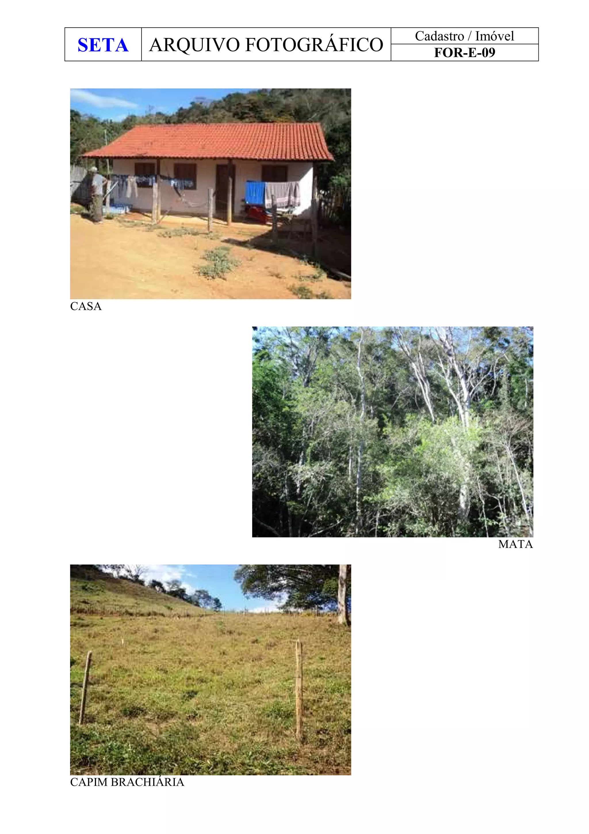 SETA ARQUIVO FOTOGRÁFICO
Cadastro / Imóvel
FOR-E-09
CASA
MATA
CAPIM BRACHIÁRIA
 