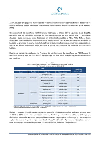 Plano Ambiental de Conservação e Uso do Entorno de Reservatório Artificial - PCH Fortuna II, Pág. 100
Assim, estudos com pequenos mamíferos não voadores são imprescindíveis para elaboração de estudos de
impacto ambiental, planos de manejo, programas de monitoramento dentre outros (MARQUES & RAMOS,
2001).
O monitoramento da Mastofauna na PCH Fortuna II começou no ano de 2010 e seguiu até o ano de 2013,
ocorrendo seis (6) campanhas divididas em duas (2) campanhas por ano, sendo uma (1) na estação
chuvosa e outra na estação seca. Realizadas em ambientes localizados na ADA, AID e TVR, os locais
amostrados foram georreferenciados com o auxílio de um receptor GPS. A seleção dos pontos amostrais foi
baseada na premissa de quanto mais heterogêneo for determinado ambiente, maior será capacidade de
suporte em termos qualitativos, tendo em vista a grande disponibilidade de diferentes tipos de micro
habitats.
Durante as campanhas realizadas no Programa de Monitoramento da Mastofauna da PCH Fortuna II,
realizadas entre os anos de 2010 e 2013, foi observado um total de 11 espécies de pequenos mamíferos
não voadores.
TABELA 6-37
ESPÉCIES DE PEQUENOS MAMÍFEROS NÃO VOADORES REGISTRADOS NAS ÁREAS DA
PCH FORTUNA II ENTRE OS ANOS DE 2010 E 2013.
Taxa
Status de
conservação
Ordem Família Espécie Nome comum
Didelphimorphia Didelphidae
Didelphis aurita gambá LC
Didelphis albiventris gambá LC
Marmosops incanus cuíca LC
Rodentia
Cricetidae
Akodon sp. rato-do-mato
Cerradomys subflavus rato-do-mato LC
Calomys sp. rato-do-mato LC
Rhipidomys mastacalis rato-do-mato LC
Necromys lasiurus rato-do-mato LC
Oligoryzomys sp. rato-do-mato
Oryzomys sp*. rato-do mato
Echimyidae Trinomys sp. rato-de-espinho
Legenda: Legenda: Status de Conservação – IUCN (2012) (LC = Least Concern ou Pouco Preocupante).
*Esse Gênero foi desmembrado em outros 10 Gêneros.
Destas 11 espécies nove (9) são exclusivas das quatro (4) primeiras campanhas realizadas entre os anos
de 2010 e 2011 sendo elas Marmosops incanus, Akodon sp., Cerradomys subflavus, Calomys sp.,
Rhipidomys mastacalis, Necromys lasiurus, Oligoryzomys sp., Oryzomys sp., e Trinomys sp., e apenas uma
espécie é exclusiva da quinta campanha sendo ela Didelphis albiventris . Apenas uma (1) espécie é comum
entre as quatro (4) primeiras campanhas e a quinta campanha, sendo ela Didelphis aurita.
 