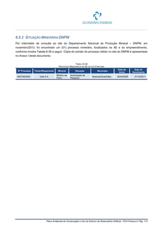 Plano Ambiental de Conservação e Uso do Entorno de Reservatório Artificial - PCH Fortuna II, Pág. 113
6.5.2 SITUAÇÃO MINERÁRIA DNPM
Por intermédio de consulta ao site do Departamento Nacional de Produção Mineral – DNPM, em
novembro/2013, foi encontrado um (01) processo minerário, localizados na AE e do empreendimento,
conforme mostra Tabela 6-39 a seguir. Cópia do extrato do processo obtido no site do DNPM é apresentada
no Anexo I deste documento.
TABELA 6-39
PROCESSO MINERÁRIOS NA AE DA PCH FORTUNA
Nº Processo Titular/Requerente Mineral Situação Município
Data de
Início
Data de
Vencimento
830729/2005 Vale S A
Minério de
Ferro
Autorização de
Pesquisa
Braúnas/Guanhães 30/04/2005 21/10/2011
 