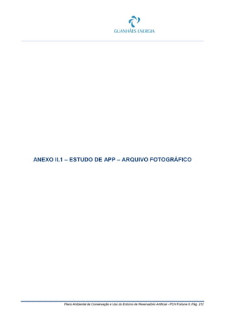 Plano Ambiental de Conservação e Uso do Entorno de Reservatório Artificial - PCH Fortuna II, Pág. 212
ANEXO II.1 – ESTUDO DE APP – ARQUIVO FOTOGRÁFICO
 