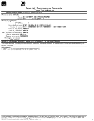 Banco Itaú - Comprovante de Pagamento
Títulos Outros Bancos
Identificação no extrato: SISPAG FORNECEDORES
Dados da conta debitada:
Nome: BIOCEV SERV MEIO AMBIENTE LTDA
Agência: 3033 Conta: 21300 - 4
Dados do pagamento:
CPF/CNPJ: 0
Nome do favorecido: CREA CONSELHO R DE ENGENHARIA
Código de barras: 00194 58652 90000 000001 01982 093211 8 00000000006364
Valor do documento: R$ 63,64
Valor de juros/multa: R$ 0,00
Valor de desconto/abatimento: R$ 0,00
Valor do pagamento: R$ 63,64
Data de vencimento: 16/08/2014
Informações fornecidas
pelo pagador:
Operação efetuada em 06/08/2014 às 15:32:41 via Sispag, CTRL 799389571000035.
- O cliente assume total responsabilidade por eventuais danos decorrentes de inexatidão ou insuficiência nas informações
por ele inseridas.
Autenticação:
04252F18A64CAFC82C6DDFFCAB1D1DEE6A4B87C3
Dúvidas, sugestões e reclamações: na sua agência. Se preferir, ligue para o SAC Itaú: 0800 728 0728 (todos os dias, 24h) ou acesse o Fale Conosco no www.itau.com.br.
Se não ficar satisfeito com a solução apresentada, ligue para a Ouvidoria Corporativa Itaú: 0800 570 0011 (em dias úteis, das 9h às 18h) ou Caixa Postal 67.600, CEP
03162-971. Deficientes auditivos ou de fala: 0800 722 1722 (todos os dias, 24h). 1
 