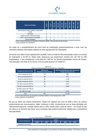 Plano Ambiental de Conservação e Uso do Entorno de Reservatório Artificial - PCH Fortuna II, Pág. 33
Setor de atividade
0a4
5a9
10a19
20a29
30a49
50a99
100a249
250a499
500emais
Administração pública, defesa e seguridade
social
2 - - - - - - 1 -
Educação 6 1 - - - 1 - - -
Saúde humana e serviços sociais 2 - - - 1 - - - -
Artes, cultura, esporte e recreação 5 1 - - - - - - -
Outras atividades 15 2 4 - - - - - -
Fonte: Instituto Brasileiro de Geografia e Estatística (IBGE). Pesquisa Mensal de Emprego.
Acesso realizado em 12/04/2012.
Em razão de o empreendimento ter como local de implantação predominantemente a área rural, faz
necessário destacar informações relativas ao setor agropecuário de Virginópolis.
De acordo com último Censo Agropecuário do IBGE, havia um total de 464 propriedades rurais no município
de Virginópolis e 23.165 ha. Desse total, observa-se que predominam imóveis com até 100 ha (355
propriedades), o que corresponde a uma área de 7.063 ha. As demais propriedades somam 64 imóveis,
mas abrangem uma área de 16.102 ha, como se pode observar na Tabela 6-7.
TABELA 6-7
PERFIL DOS IMÓVEIS RURAIS DE VIRGINÓPOLIS – POR ÁREA
Grupos de Áreas (em ha)
Número de
Estabelecimentos Rurais
Área dos Estabelecimentos Rurais por
Grupo de Área (em ha)
De 5 a menos de 10 ha 172 460
De 10 a menos de 20 ha 69 974
De 20 a menos de 50 ha 64 2.138
De 50 a menos de 100 ha 50 3.491
De 100 a menos de 200 ha 44 6.327
De 200 a menos de 500 ha 19 5.028
De 500 a menos de 1000 ha
De 1000 ha e mais 1 4.747
Total 464 23.165
Fonte: Instituto Brasileiro de Geografia e Estatística (IBGE), Censo Agropecuário, 2006.
Acesso realizado em 30/05/2012.
No que se refere aos cultivos temporários, Tabela 6-8, relativos aos anos de 2006 a 2010, as culturas
predominantes são cana-de-açúcar, feijão, mandioca e milho. Acrescenta-se que as áreas plantadas são
relativamente pequenas, exceção apenas para o milho. Sendo assim, pode-se indicar – em função do tipo
de cultura e do tamanho das áreas, que a produção seja predominantemente voltada para a subsistência
dos agricultores.
TABELA 6-8
CULTIVOS TEMPORÁRIOS EM VIRGINÓPOLIS (ÁREA PLANTADA EM HA)
Lavoura temporária
Anos
2006 2007 2008 2009 2010
Amendoim (em casca) 1 1 1 1 1
 