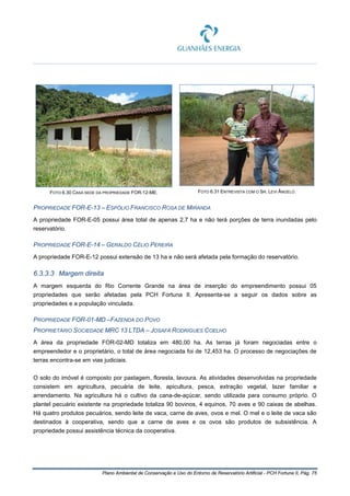 Plano Ambiental de Conservação e Uso do Entorno de Reservatório Artificial - PCH Fortuna II, Pág. 75
FOTO 6.30 CASA SEDE DA PROPRIEDADE FOR-12-ME. FOTO 6.31 ENTREVISTA COM O SR. LEVI ÂNGELO.
PROPRIEDADE FOR-E-13 – ESPÓLIO FRANCISCO ROSA DE MIRANDA
A propriedade FOR-E-05 possui área total de apenas 2,7 ha e não terá porções de terra inundadas pelo
reservatório.
PROPRIEDADE FOR-E-14 – GERALDO CÉLIO PEREIRA
A propriedade FOR-E-12 possui extensão de 13 ha e não será afetada pela formação do reservatório.
6.3.3.3 Margem direita
A margem esquerda do Rio Corrente Grande na área de inserção do empreendimento possui 05
propriedades que serão afetadas pela PCH Fortuna II. Apresenta-se a seguir os dados sobre as
propriedades e a população vinculada.
PROPRIEDADE FOR-01-MD –FAZENDA DO POVO
PROPRIETÁRIO SOCIEDADE MRC 13 LTDA – JOSAFÁ RODRIGUES COELHO
A área da propriedade FOR-02-MD totaliza em 480,00 ha. As terras já foram negociadas entre o
empreendedor e o proprietário, o total de área negociada foi de 12,453 ha. O processo de negociações de
terras encontra-se em vias judiciais.
O solo do imóvel é composto por pastagem, floresta, lavoura. As atividades desenvolvidas na propriedade
consistem em agricultura, pecuária de leite, apicultura, pesca, extração vegetal, lazer familiar e
arrendamento. Na agricultura há o cultivo da cana-de-açúcar, sendo utilizada para consumo próprio. O
plantel pecuário existente na propriedade totaliza 90 bovinos, 4 equinos, 70 aves e 90 caixas de abelhas.
Há quatro produtos pecuários, sendo leite de vaca, carne de aves, ovos e mel. O mel e o leite de vaca são
destinados à cooperativa, sendo que a carne de aves e os ovos são produtos de subsistência. A
propriedade possui assistência técnica da cooperativa.
 