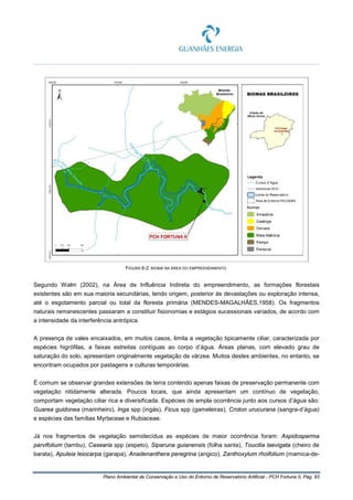 Plano Ambiental de Conservação e Uso do Entorno de Reservatório Artificial - PCH Fortuna II, Pág. 83
FIGURA 6-2: BIOMA NA ÁREA DO EMPREENDIMENTO.
Segundo Walm (2002), na Área de Influência Indireta do empreendimento, as formações florestais
existentes são em sua maioria secundárias, tendo origem, posterior às devastações ou exploração intensa,
até o esgotamento parcial ou total da floresta primária (MENDES-MAGALHÃES,1958). Os fragmentos
naturais remanescentes passaram a constituir fisionomias e estágios sucessionais variados, de acordo com
a intensidade da interferência antrópica.
A presença de vales encaixados, em muitos casos, limita a vegetação tipicamente ciliar, caracterizada por
espécies higrófilas, a faixas estreitas contíguas ao corpo d’água. Áreas planas, com elevado grau de
saturação do solo, apresentam originalmente vegetação de várzea. Muitos destes ambientes, no entanto, se
encontram ocupados por pastagens e culturas temporárias.
É comum se observar grandes extensões de terra contendo apenas faixas de preservação permanente com
vegetação nitidamente alterada. Poucos locais, que ainda apresentam um contínuo de vegetação,
comportam vegetação ciliar rica e diversificada. Espécies de ampla ocorrência junto aos cursos d’água são:
Guarea guidonea (marinheiro), Inga spp (ingás), Ficus spp (gameleiras), Croton urucurana (sangra-d’água)
e espécies das famílias Myrtaceae e Rubiaceae.
Já nos fragmentos de vegetação semidecídua as espécies de maior ocorrência foram: Aspidosperma
parvifolium (tambu), Casearia spp (espeto), Siparuna guianensis (folha santa), Toucilia laevigata (cheiro de
barata), Apuleia leiocarpa (garapa), Anadenanthera peregrina (angico), Zanthoxylum rhoifolium (mamica-de-
 