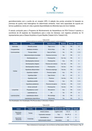 Plano Ambiental de Conservação e Uso do Entorno de Reservatório Artificial - PCH Fortuna II, Pág. 87
georreferenciados com o auxílio de um receptor GPS. A seleção dos pontos amostrais foi baseada na
premissa de quanto mais heterogêneo for determinado ambiente, maior será capacidade de suporte em
termos qualitativos, tendo em vista a grande disponibilidade de diferentes tipos de micro habitats.
O estudo conduzido para o Programa de Monitoramento da Herpetofauna da PCH Fortuna II apontou a
ocorrência de 28 espécies da Herpetofauna para a área de interesse, com registros primários de 19
representantes para a Classe Amphibia e 6 para Reptilia (Tabela 6-34 e Tabela 6-35).
TABELA 6-34
LISTA DE ESPÉCIES DE ANFÍBIOS REGISTRADAS DURANTE O MONITORAMENTO.
Família Espécie Nome comum Registro Método Estação
Bufonidae Rhinella pombali Sapo cururu Voc PA S
Craugastoridae Haddadus binotatus Rã do foliço Vis PA S
Cycloranphidae Thoropa miliaris Sapo de Pedra Vis PA C, S
Hylidae
Bokermannohyla circumdata Perereca da árvore Vis PA C
Dendropsophus sp. Pererequinha Vis, Voc PA C
Dendropsophus branneri Pererequinha Vos PA C
Dendropsophus elegans Perereca de moldura Vis, Voc PA C
Dendropsophus minutus Pererequinha Vis,Voc PA C, S
Hypsiboas albopunctatus Perereca araponga Vis,Voc PA C, S
Hypsiboas crepitans Perereca rajada Voc PA C
Hypsiboas faber Sapo ferreiro Vis CC C
Hypsiboas lundii Perereca Vis,Voc PA S
Hypsiboas pardalis Perereca Voc PA C, S
Hypsiboas polytaenius Perereca de pijama Vis,Voc PA C, S
Scinax carnevalli Pererequinha Vis,Voc PA C, S
Leiuperidae Physalaemus cuvieri Rã-cachorro Voc PA C, S
Leptodactylidae
Leptodactylus sp. Rã Vis PF S
Leptodactylus latrans Rã manteiga Vis PA C
Leptodactylus labyrinthicus Rã pimenta Vis PA S
Vis (Visualização), Voc (Vocalização), PA (Procura ativa), C (Chuvoso), S (Seca).
TABELA 6-35
LISTA DE ESPÉCIES DE RÉPTEIS REGISTRADAS DURANTE O MONITORAMENTO.
Ordem Família Espécie Nome comum Registro Estação
Squamata -
Lagartos
Teiidae
Ameiva ameiva Lagarto verde CC, E C
Tupinambis merianae Teiú PA, PF, E C
Squamata -
Serpentes
Colubridae
Apostolepis sp. Cobra da terra PF C
Sybinomorphis mikanii Dormideira CC C
 