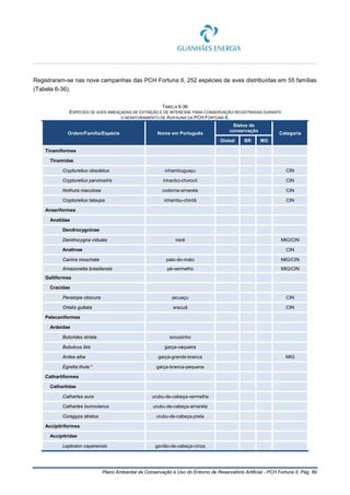 Plano Ambiental de Conservação e Uso do Entorno de Reservatório Artificial - PCH Fortuna II, Pág. 89
Registraram-se nas nove campanhas das PCH Fortuna II, 252 espécies de aves distribuídas em 55 famílias
(Tabela 6-36).
TABELA 6-36
ESPÉCIES DE AVES AMEAÇADAS DE EXTINÇÃO E DE INTERESSE PARA CONSERVAÇÃO REGISTRADAS DURANTE
O MONITORAMENTO DE AVIFAUNA DA PCH FORTUNA II.
Ordem/Família/Espécie Nome em Português
Status de
conservação
Categoria
Global BR MG
Tinamiformes
Tinamidae
Crypturellus obsoletus inhambuguaçu CIN
Crypturellus parvirostris inhanbú-chororó CIN
Nothura maculosa codorna-amarela CIN
Crypturellus tataupa inhambu-chintã CIN
Anseriformes
Anatidae
Dendrocygninae
Dendrocygna viduata irerê MIG/CIN
Anatinae CIN
Cairina moschata pato-do-mato MIG/CIN
Amazonetta brasiliensis pé-vermelho MIG/CIN
Galliformes
Cracidae
Penelope obscura jacuaçu CIN
Ortalis guttata aracuã CIN
Pelecaniformes
Ardeidae
Butorides striata socozinho
Bubulcus ibis garça-vaqueira
Ardea alba garça-grande-branca MIG
Egretta thula * garça-branca-pequena
Cathartiformes
Cathartidae
Cathartes aura urubu-de-cabeça-vermelha
Cathartes burrovianus urubu-de-cabeça-amarela
Coragyps atratus urubu-de-cabeça-preta
Accipitriformes
Accipitridae
Leptodon cayanensis gavião-de-cabeça-cinza
 