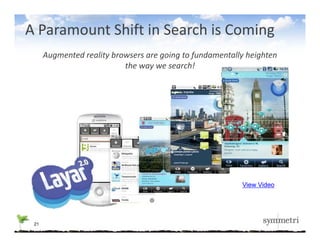 A Paramount Shift in Search is Coming
      Augmented reality browsers are going to fundamentally heighten
                           the way we search!
                         AUGMENTED REALITY




 • Insert good example augmented reality 
   in action > new search engine
   in action > new search engine

                                                          View Video




 21
 