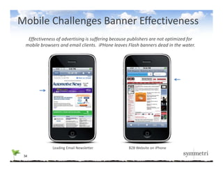 Mobile Challenges Banner Effectiveness
   Effectiveness of advertising is suffering because publishers are not optimized for 
  mobile browsers and email clients.  iPHone leaves Flash banners dead in the water.




               Leading Email Newsletter              B2B Website on iPhone

 34
 