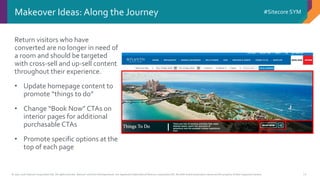 © 2001-2016 Sitecore Corporation A/S. All rights reserved. Sitecore® and Own the Experience® are registered trademarks of Sitecore Corporation A/S. All other brand and product names are the property of their respective owners.
#Sitecore SYM
11
Makeover Ideas: Along the Journey
Return visitors who have
converted are no longer in need of
a room and should be targeted
with cross-sell and up-sell content
throughout their experience.
• Update homepage content to
promote “things to do”
• Change “Book Now” CTAs on
interior pages for additional
purchasable CTAs
• Promote specific options at the
top of each page
 
