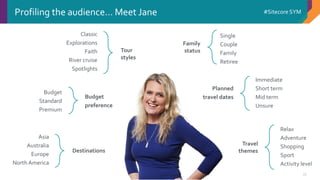 © 2001-2016 Sitecore Corporation A/S. All rights reserved. Sitecore® and Own the Experience® are registered trademarks of Sitecore Corporation A/S. All other brand and product names are the property of their respective owners.
#Sitecore SYMProfiling the audience… Meet Jane
Classic
Explorations
Faith
River cruise
Spotlights
Tour
styles
Immediate
Short term
Mid term
Unsure
Planned
travel dates
Family
status
Single
Couple
Family
Retiree
Budget
Standard
Premium
Budget
preference
Travel
themes
Relax
Adventure
Shopping
Sport
Activity level
Asia
Australia
Europe
North America
Destinations
25
 