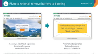 © 2001-2016 Sitecore Corporation A/S. All rights reserved. Sitecore® and Own the Experience® are registered trademarks of Sitecore Corporation A/S. All other brand and product names are the property of their respective owners.
#Sitecore SYM
32
Pivot to rational: remove barriers to booking4
Generic, 1 size-fits all experience
Emotional response
Destination focus
Personalised experience
Rational response
Product / offer focus
Promote Australia package deal
Talk price / trigger / itinerary
“Book Now” CTA
 