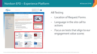 © 2001-2016 Sitecore Corporation A/S. All rights reserved. Sitecore® and Own the Experience® are registered trademarks of Sitecore Corporation A/S. All other brand and product names are the property of their respective owners.
#Sitecore SYM
41
ABTesting
- Location of Request Forms
- Language in the site call to
actions
- Focus on tests that align to our
engagement value scores
Nordson EFD – Experience Platform
 