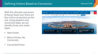© 2001-2016 Sitecore Corporation A/S. All rights reserved. Sitecore® and Own the Experience® are registered trademarks of Sitecore Corporation A/S. All other brand and product names are the property of their respective owners.
#Sitecore SYM
8
With the ultimate conversion
of being ‘book now’ there are
few micro-conversions on the
site. Using analytics and
conversion data, we can
identify three core visitor
types.
• NewVisitor
• ReturnVisitor, No
Conversion
• ConvertedVisitor
DefiningVisitors Based on Conversion
 
