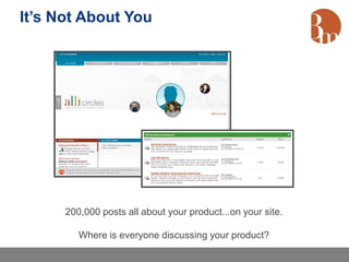 It’s Not About You




      200,000 posts all about your product...on your site.

         Where is everyone discussing your product?
 