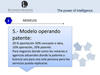The power of intelligence.


2          MODELOS


    5.- Modelo operando
    patente:
    20 % aportación 50% concepto o idea,
    10% operación, 20% patente.
    Para negocios donde como las notarias o
    agencias aduanales donde la patente o
    licencia sea para una sola persona pero los
    servicios pueda replicarse.
 