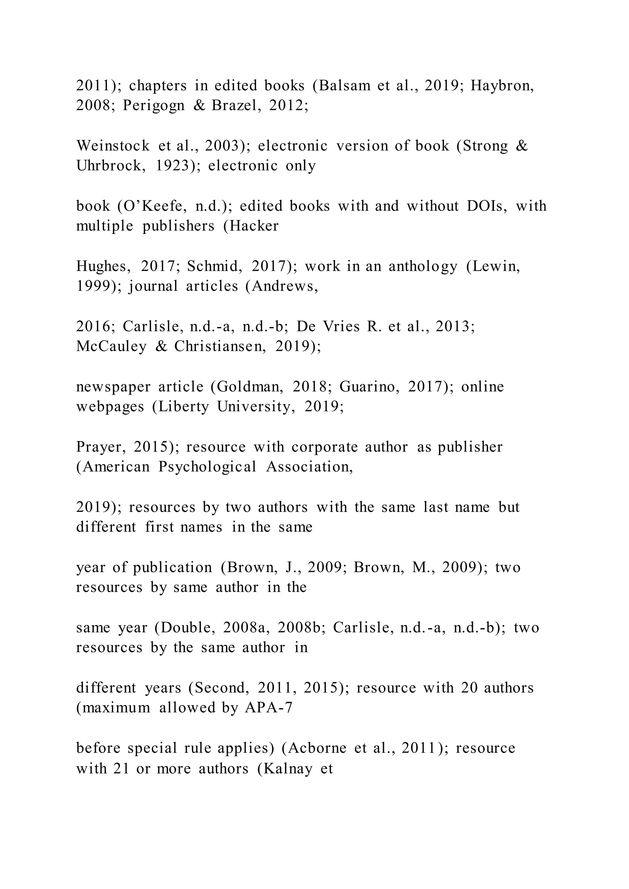 2011); chapters in edited books (Balsam et al., 2019; Haybron,
2008; Perigogn & Brazel, 2012;
Weinstock et al., 2003); electronic version of book (Strong &
Uhrbrock, 1923); electronic only
book (O’Keefe, n.d.); edited books with and without DOIs, with
multiple publishers (Hacker
Hughes, 2017; Schmid, 2017); work in an anthology (Lewin,
1999); journal articles (Andrews,
2016; Carlisle, n.d.-a, n.d.-b; De Vries R. et al., 2013;
McCauley & Christiansen, 2019);
newspaper article (Goldman, 2018; Guarino, 2017); online
webpages (Liberty University, 2019;
Prayer, 2015); resource with corporate author as publisher
(American Psychological Association,
2019); resources by two authors with the same last name but
different first names in the same
year of publication (Brown, J., 2009; Brown, M., 2009); two
resources by same author in the
same year (Double, 2008a, 2008b; Carlisle, n.d.-a, n.d.-b); two
resources by the same author in
different years (Second, 2011, 2015); resource with 20 authors
(maximum allowed by APA-7
before special rule applies) (Acborne et al., 2011); resource
with 21 or more authors (Kalnay et
 