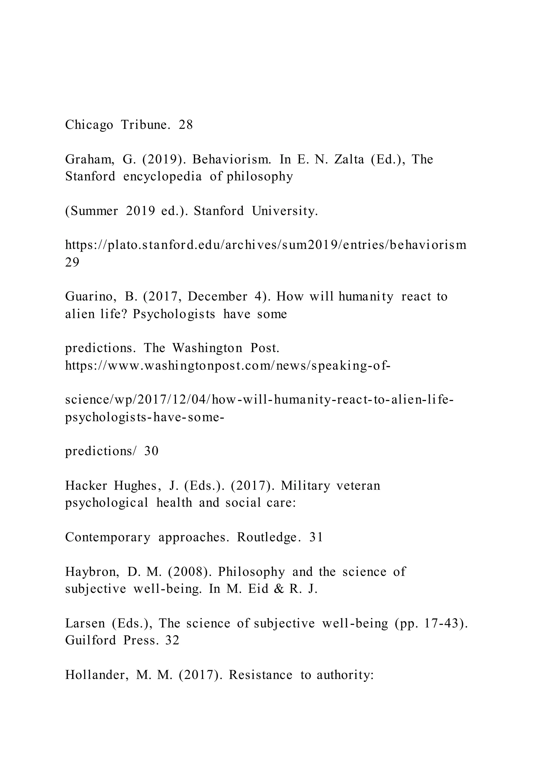 Chicago Tribune. 28
Graham, G. (2019). Behaviorism. In E. N. Zalta (Ed.), The
Stanford encyclopedia of philosophy
(Summer 2019 ed.). Stanford University.
https://plato.stanford.edu/archives/sum2019/entries/behaviorism
29
Guarino, B. (2017, December 4). How will humanity react to
alien life? Psychologists have some
predictions. The Washington Post.
https://www.washingtonpost.com/news/speaking-of-
science/wp/2017/12/04/how-will-humanity-react-to-alien-life-
psychologists-have-some-
predictions/ 30
Hacker Hughes, J. (Eds.). (2017). Military veteran
psychological health and social care:
Contemporary approaches. Routledge. 31
Haybron, D. M. (2008). Philosophy and the science of
subjective well-being. In M. Eid & R. J.
Larsen (Eds.), The science of subjective well-being (pp. 17-43).
Guilford Press. 32
Hollander, M. M. (2017). Resistance to authority:
 