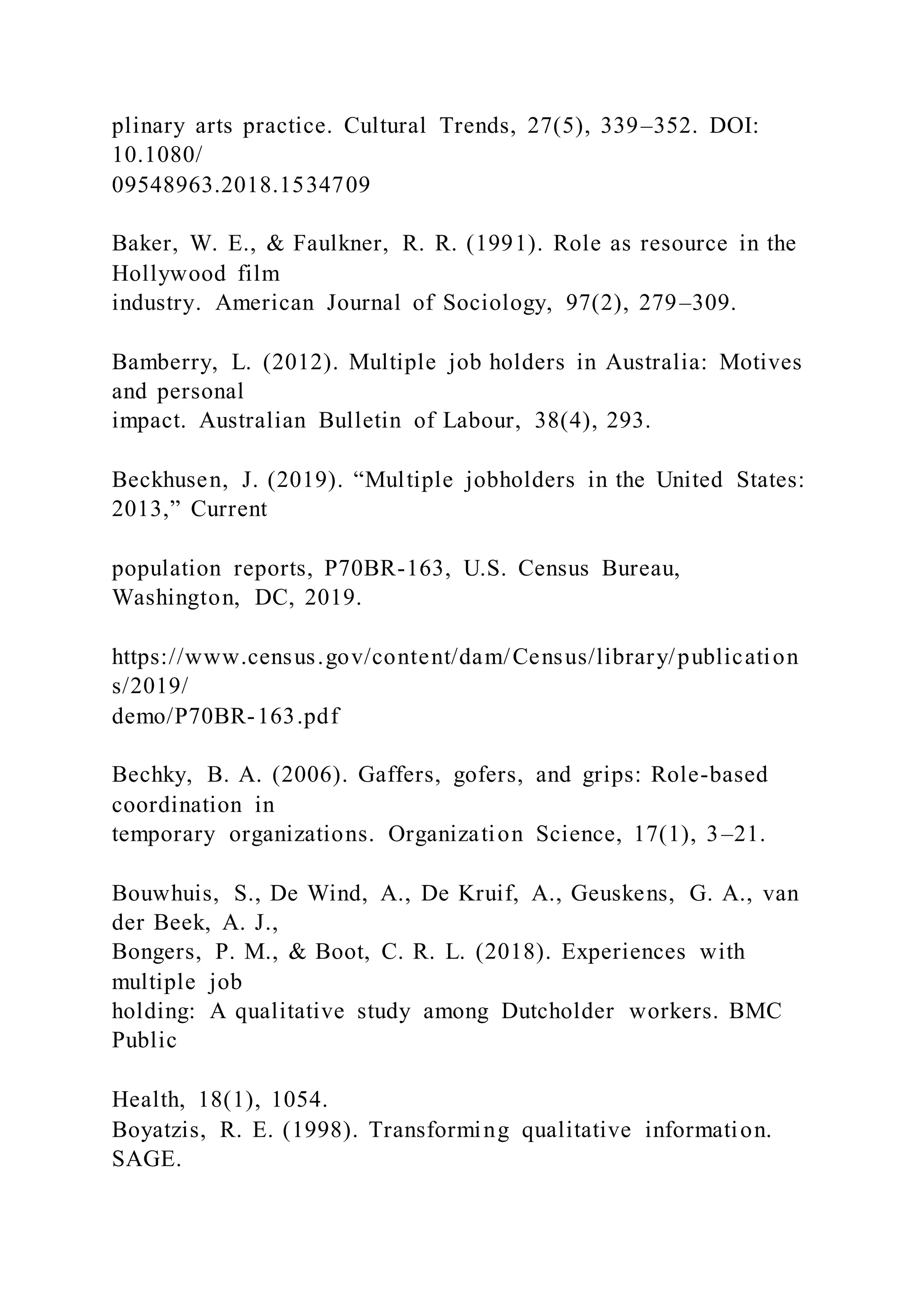 plinary arts practice. Cultural Trends, 27(5), 339–352. DOI:
10.1080/
09548963.2018.1534709
Baker, W. E., & Faulkner, R. R. (1991). Role as resource in the
Hollywood film
industry. American Journal of Sociology, 97(2), 279–309.
Bamberry, L. (2012). Multiple job holders in Australia: Motives
and personal
impact. Australian Bulletin of Labour, 38(4), 293.
Beckhusen, J. (2019). “Multiple jobholders in the United States:
2013,” Current
population reports, P70BR-163, U.S. Census Bureau,
Washington, DC, 2019.
https://www.census.gov/content/dam/Census/library/publication
s/2019/
demo/P70BR-163.pdf
Bechky, B. A. (2006). Gaffers, gofers, and grips: Role-based
coordination in
temporary organizations. Organization Science, 17(1), 3–21.
Bouwhuis, S., De Wind, A., De Kruif, A., Geuskens, G. A., van
der Beek, A. J.,
Bongers, P. M., & Boot, C. R. L. (2018). Experiences with
multiple job
holding: A qualitative study among Dutcholder workers. BMC
Public
Health, 18(1), 1054.
Boyatzis, R. E. (1998). Transforming qualitative information.
SAGE.
 