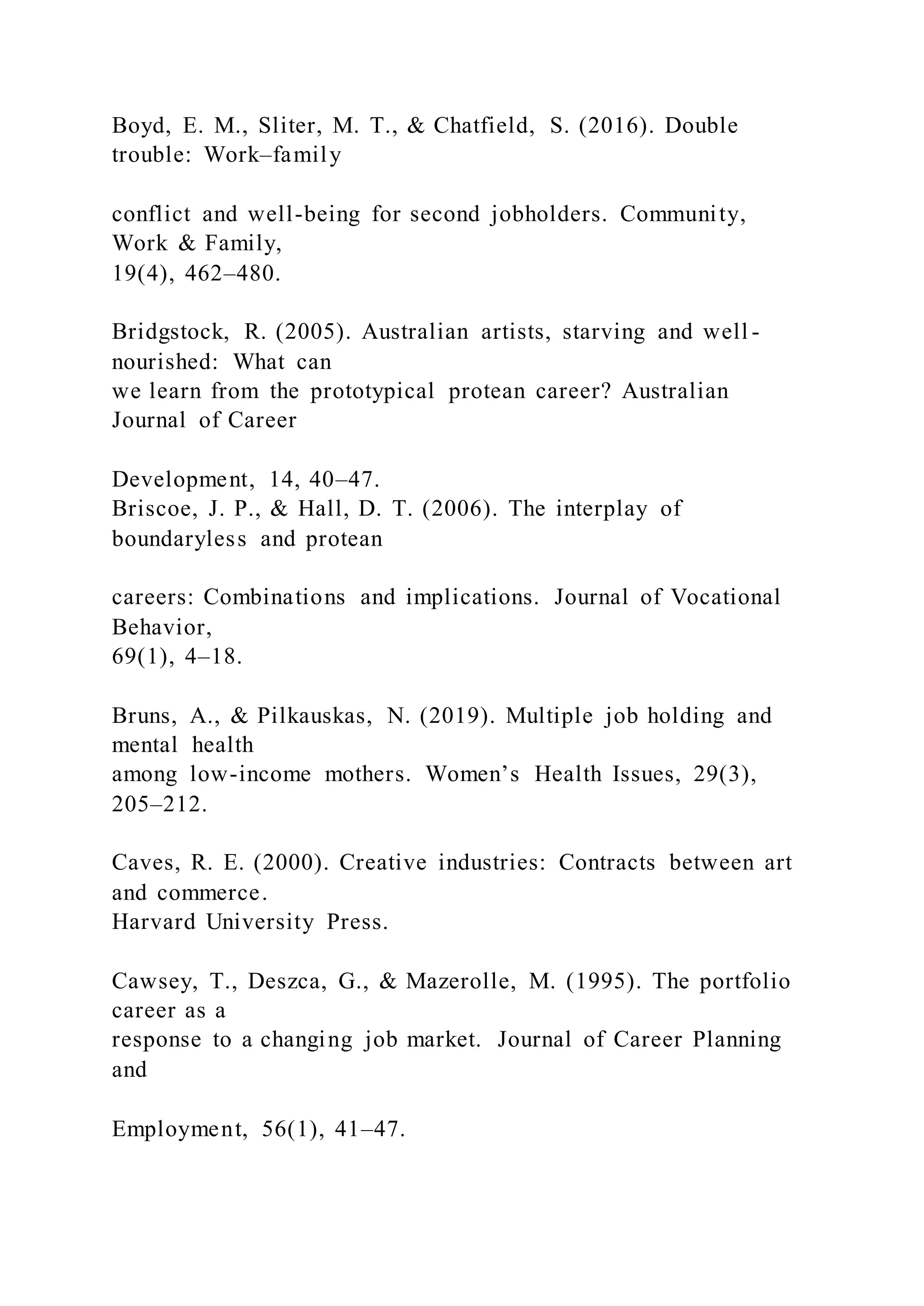 Boyd, E. M., Sliter, M. T., & Chatfield, S. (2016). Double
trouble: Work–family
conflict and well-being for second jobholders. Community,
Work & Family,
19(4), 462–480.
Bridgstock, R. (2005). Australian artists, starving and well -
nourished: What can
we learn from the prototypical protean career? Australian
Journal of Career
Development, 14, 40–47.
Briscoe, J. P., & Hall, D. T. (2006). The interplay of
boundaryless and protean
careers: Combinations and implications. Journal of Vocational
Behavior,
69(1), 4–18.
Bruns, A., & Pilkauskas, N. (2019). Multiple job holding and
mental health
among low-income mothers. Women’s Health Issues, 29(3),
205–212.
Caves, R. E. (2000). Creative industries: Contracts between art
and commerce.
Harvard University Press.
Cawsey, T., Deszca, G., & Mazerolle, M. (1995). The portfolio
career as a
response to a changing job market. Journal of Career Planning
and
Employment, 56(1), 41–47.
 