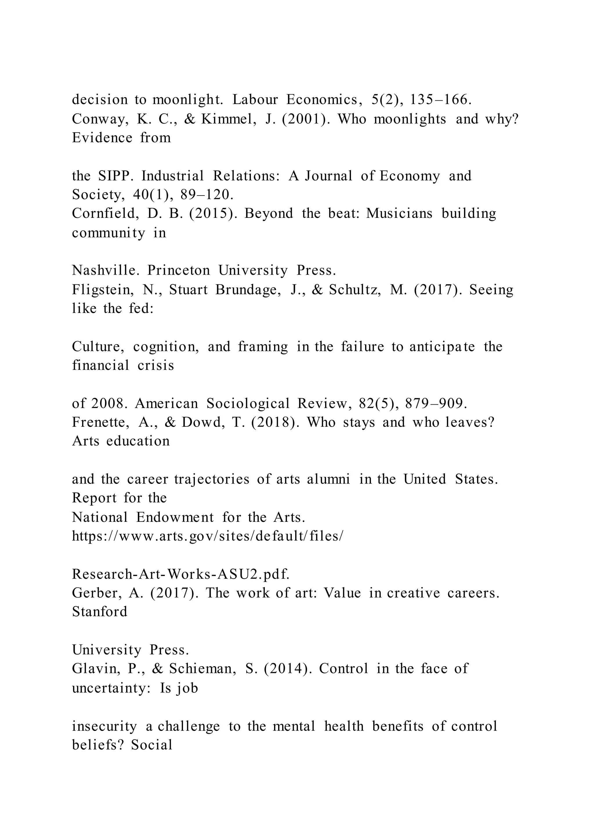 decision to moonlight. Labour Economics, 5(2), 135–166.
Conway, K. C., & Kimmel, J. (2001). Who moonlights and why?
Evidence from
the SIPP. Industrial Relations: A Journal of Economy and
Society, 40(1), 89–120.
Cornfield, D. B. (2015). Beyond the beat: Musicians building
community in
Nashville. Princeton University Press.
Fligstein, N., Stuart Brundage, J., & Schultz, M. (2017). Seeing
like the fed:
Culture, cognition, and framing in the failure to anticipate the
financial crisis
of 2008. American Sociological Review, 82(5), 879–909.
Frenette, A., & Dowd, T. (2018). Who stays and who leaves?
Arts education
and the career trajectories of arts alumni in the United States.
Report for the
National Endowment for the Arts.
https://www.arts.gov/sites/default/files/
Research-Art-Works-ASU2.pdf.
Gerber, A. (2017). The work of art: Value in creative careers.
Stanford
University Press.
Glavin, P., & Schieman, S. (2014). Control in the face of
uncertainty: Is job
insecurity a challenge to the mental health benefits of control
beliefs? Social
 