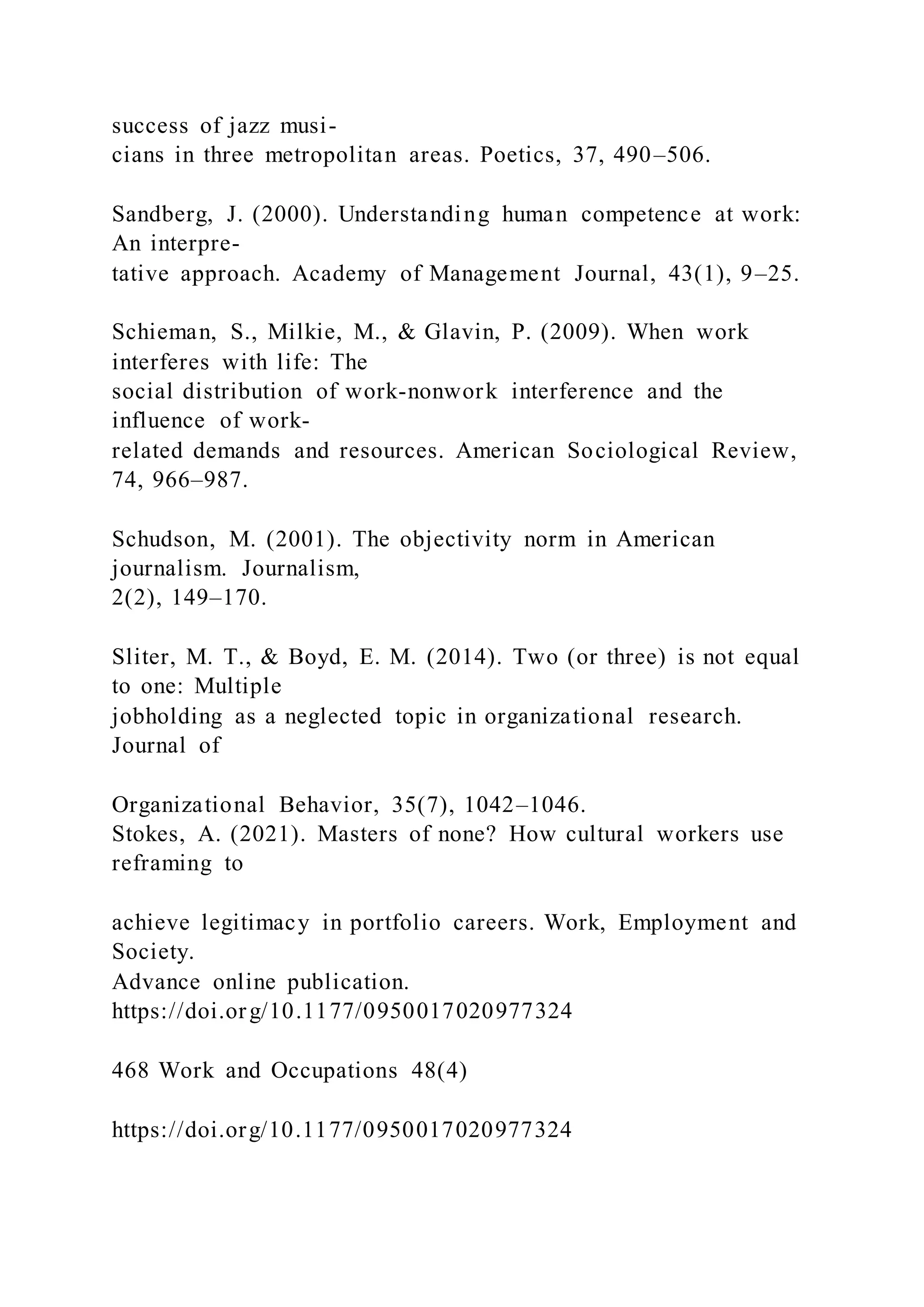 success of jazz musi-
cians in three metropolitan areas. Poetics, 37, 490–506.
Sandberg, J. (2000). Understanding human competence at work:
An interpre-
tative approach. Academy of Management Journal, 43(1), 9–25.
Schieman, S., Milkie, M., & Glavin, P. (2009). When work
interferes with life: The
social distribution of work-nonwork interference and the
influence of work-
related demands and resources. American Sociological Review,
74, 966–987.
Schudson, M. (2001). The objectivity norm in American
journalism. Journalism,
2(2), 149–170.
Sliter, M. T., & Boyd, E. M. (2014). Two (or three) is not equal
to one: Multiple
jobholding as a neglected topic in organizational research.
Journal of
Organizational Behavior, 35(7), 1042–1046.
Stokes, A. (2021). Masters of none? How cultural workers use
reframing to
achieve legitimacy in portfolio careers. Work, Employment and
Society.
Advance online publication.
https://doi.org/10.1177/0950017020977324
468 Work and Occupations 48(4)
https://doi.org/10.1177/0950017020977324
 