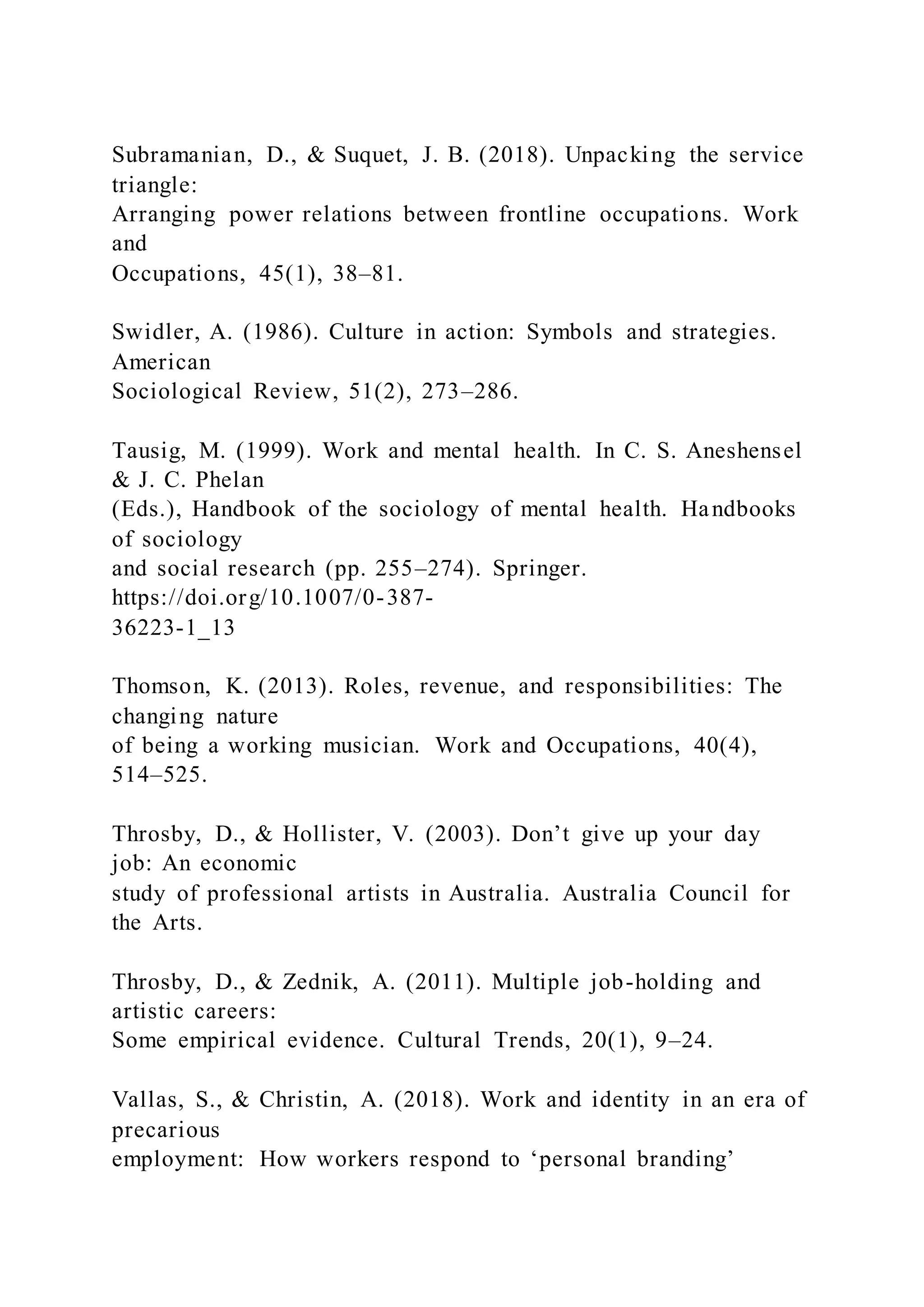Subramanian, D., & Suquet, J. B. (2018). Unpacking the service
triangle:
Arranging power relations between frontline occupations. Work
and
Occupations, 45(1), 38–81.
Swidler, A. (1986). Culture in action: Symbols and strategies.
American
Sociological Review, 51(2), 273–286.
Tausig, M. (1999). Work and mental health. In C. S. Aneshensel
& J. C. Phelan
(Eds.), Handbook of the sociology of mental health. Handbooks
of sociology
and social research (pp. 255–274). Springer.
https://doi.org/10.1007/0-387-
36223-1_13
Thomson, K. (2013). Roles, revenue, and responsibilities: The
changing nature
of being a working musician. Work and Occupations, 40(4),
514–525.
Throsby, D., & Hollister, V. (2003). Don’t give up your day
job: An economic
study of professional artists in Australia. Australia Council for
the Arts.
Throsby, D., & Zednik, A. (2011). Multiple job-holding and
artistic careers:
Some empirical evidence. Cultural Trends, 20(1), 9–24.
Vallas, S., & Christin, A. (2018). Work and identity in an era of
precarious
employment: How workers respond to ‘personal branding’
 