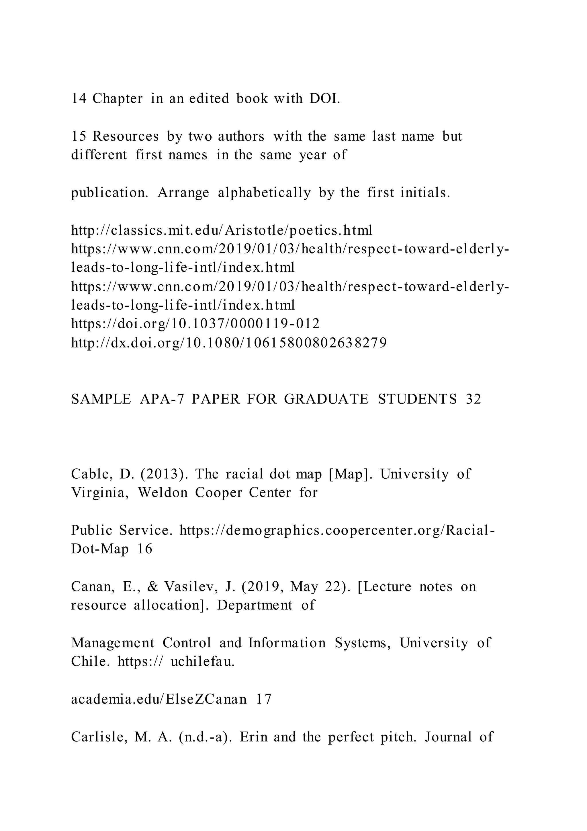 14 Chapter in an edited book with DOI.
15 Resources by two authors with the same last name but
different first names in the same year of
publication. Arrange alphabetically by the first initials.
http://classics.mit.edu/Aristotle/poetics.html
https://www.cnn.com/2019/01/03/health/respect-toward-elderly-
leads-to-long-life-intl/index.html
https://www.cnn.com/2019/01/03/health/respect-toward-elderly-
leads-to-long-life-intl/index.html
https://doi.org/10.1037/0000119-012
http://dx.doi.org/10.1080/10615800802638279
SAMPLE APA-7 PAPER FOR GRADUATE STUDENTS 32
Cable, D. (2013). The racial dot map [Map]. University of
Virginia, Weldon Cooper Center for
Public Service. https://demographics.coopercenter.org/Racial-
Dot-Map 16
Canan, E., & Vasilev, J. (2019, May 22). [Lecture notes on
resource allocation]. Department of
Management Control and Information Systems, University of
Chile. https:// uchilefau.
academia.edu/ElseZCanan 17
Carlisle, M. A. (n.d.-a). Erin and the perfect pitch. Journal of
 