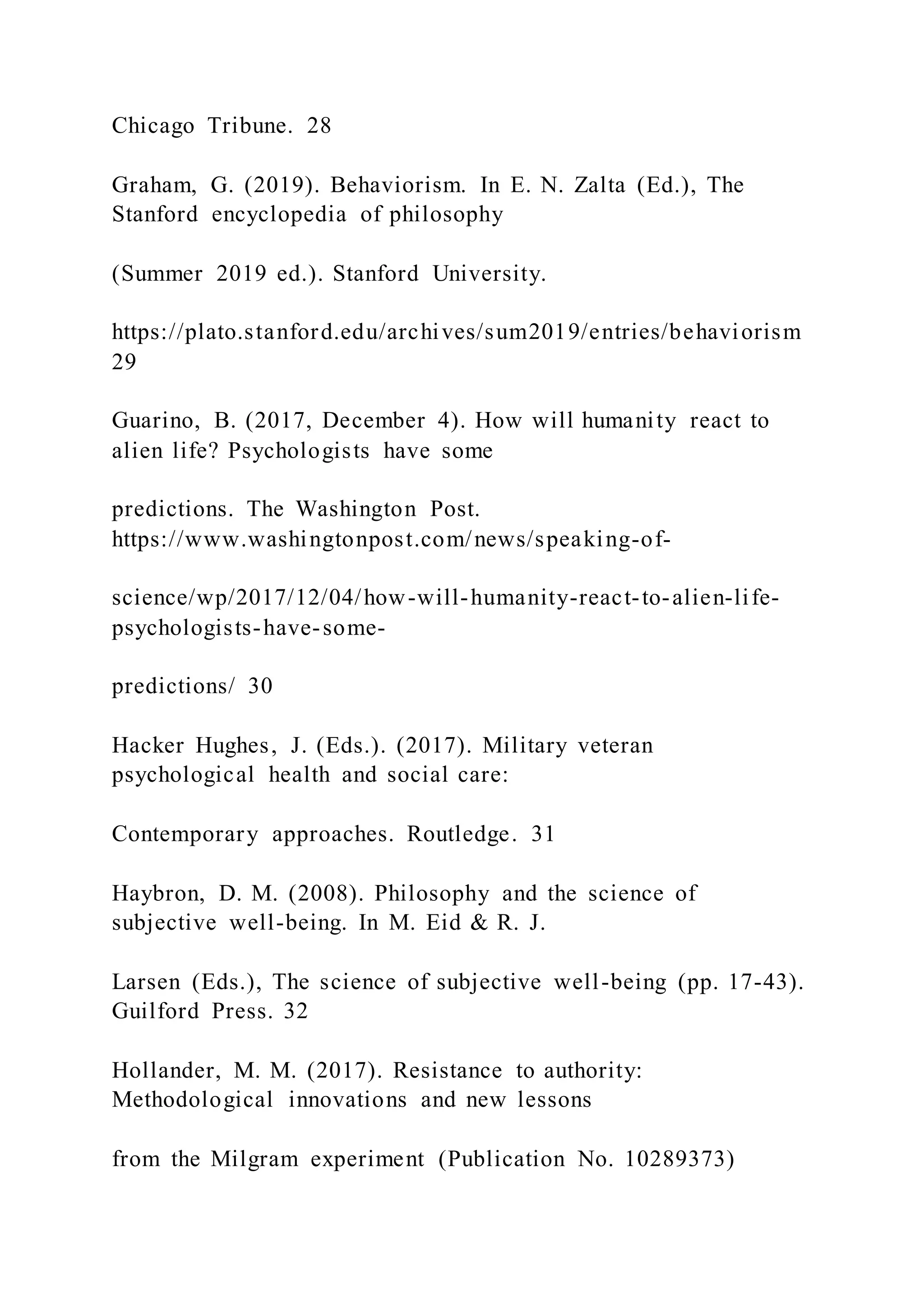 Chicago Tribune. 28
Graham, G. (2019). Behaviorism. In E. N. Zalta (Ed.), The
Stanford encyclopedia of philosophy
(Summer 2019 ed.). Stanford University.
https://plato.stanford.edu/archives/sum2019/entries/behaviorism
29
Guarino, B. (2017, December 4). How will humanity react to
alien life? Psychologists have some
predictions. The Washington Post.
https://www.washingtonpost.com/news/speaking-of-
science/wp/2017/12/04/how-will-humanity-react-to-alien-life-
psychologists-have-some-
predictions/ 30
Hacker Hughes, J. (Eds.). (2017). Military veteran
psychological health and social care:
Contemporary approaches. Routledge. 31
Haybron, D. M. (2008). Philosophy and the science of
subjective well-being. In M. Eid & R. J.
Larsen (Eds.), The science of subjective well-being (pp. 17-43).
Guilford Press. 32
Hollander, M. M. (2017). Resistance to authority:
Methodological innovations and new lessons
from the Milgram experiment (Publication No. 10289373)
 