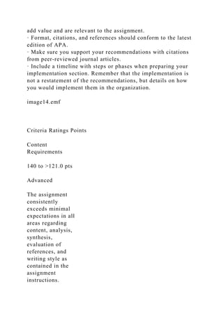 add value and are relevant to the assignment.
· Format, citations, and references should conform to the latest
edition of APA.
· Make sure you support your recommendations with citations
from peer-reviewed journal articles.
· Include a timeline with steps or phases when preparing your
implementation section. Remember that the implementation is
not a restatement of the recommendations, but details on how
you would implement them in the organization.
image14.emf
Criteria Ratings Points
Content
Requirements
140 to >121.0 pts
Advanced
The assignment
consistently
exceeds minimal
expectations in all
areas regarding
content, analysis,
synthesis,
evaluation of
references, and
writing style as
contained in the
assignment
instructions.
 