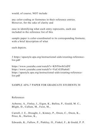 would, of course, NOT include
any color-coding or footnotes in their reference entries.
However, for the sake of clarity and
ease in identifying what each entry represents, each one
included in the reference list of this
sample paper is color-coordinated to its corresponding footnote,
with a brief description of what
each depicts.
3 https://apastyle.apa.org/instructional-aids/creating-reference-
list.pdf
https://www.youtube.com/watch?v=KNT6w8t3zDY
https://www.youtube.com/watch?v=VeCrUINa6nU
https://apastyle.apa.org/instructional-aids/creating-reference-
list.pdf
SAMPLE APA-7 PAPER FOR GRADUATE STUDENTS 30
References
Acborne, A., Finley, I., Eigen, K., Ballou, P., Gould, M. C.,
Blight, D., Callum, M., Feist, M.,
Carroll, J. E., Drought, J., Kinney, P., Owen, C., Owen, K.,
Price, K., Harlow, K.,
Edwards, K., Fallow, P., Pinkley, O., Finkel, F., & Gould, P. P.
 