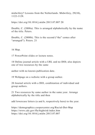 midwifery? Lessons from the Netherlands. Midwifery, 29(10),
1122-1128.
https://doi.org/10.1016/j.midw.2013.07.007 20
Double, C. (2008a). This is arranged alphabetically by the name
of the title. Peters.
Double, C. (2008b). This is the second (“the” comes after
“arranged”). Peters. 21
16 Map.
17 PowerPoint slides or lecture notes.
18 Online journal article with a URL and no DOI; also depicts
one of two resources by the same
author with no known publication date.
19 Webpage on a website with a group author.
20 Journal article with a DOI, combination of individual and
group authors.
21 Two resources by same author in the same year. Arrange
alphabetically by the title and then
add lowercase letters (a and b, respectively here) to the year.
https://demographics.coopercenter.org/Racial-Dot-Map
https://www.cdc.gov/flu/highrisk/index.htm
https://doi.org/10.1016/j.midw.2013.07.007
 
