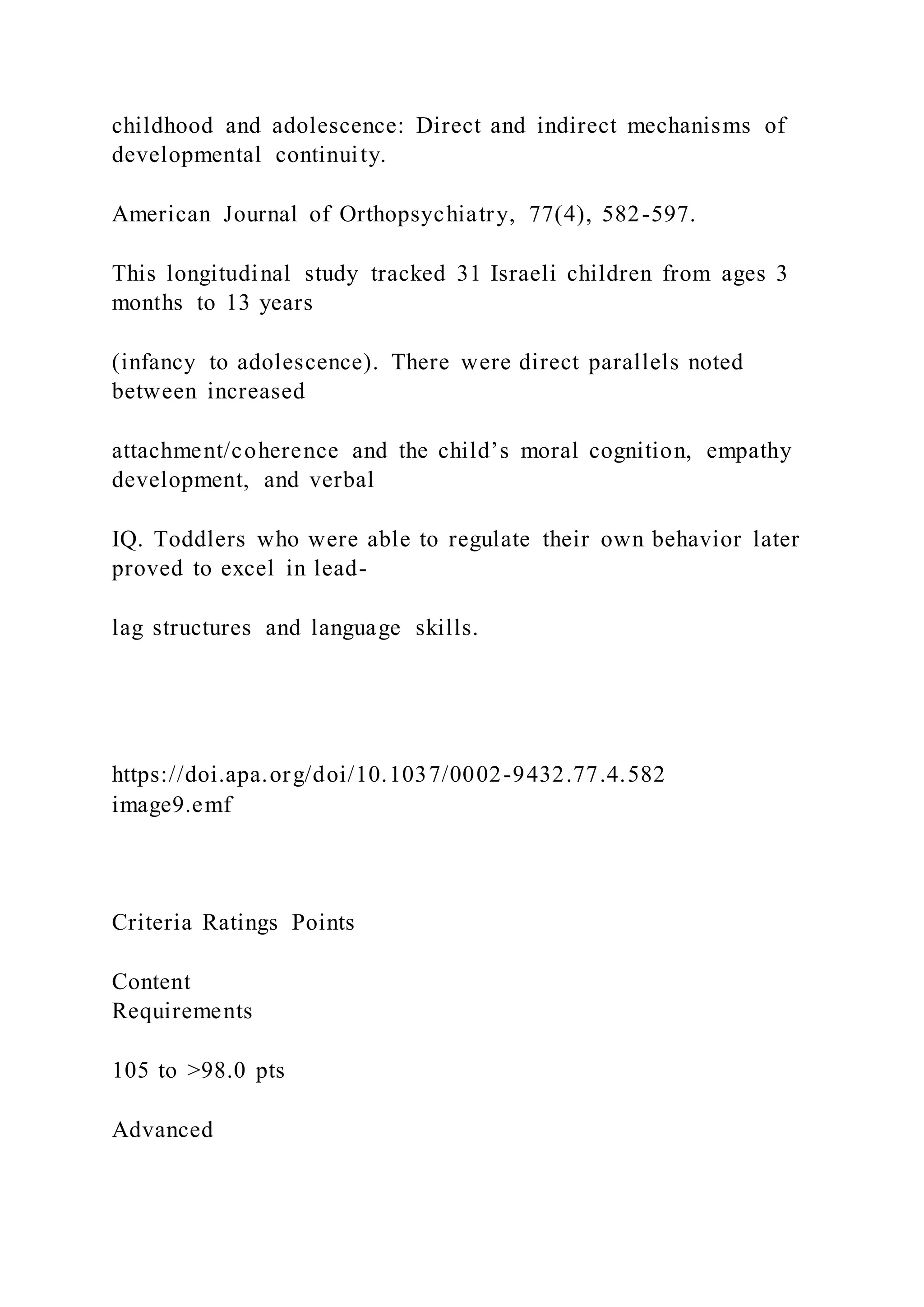 childhood and adolescence: Direct and indirect mechanisms of
developmental continuity.
American Journal of Orthopsychiatry, 77(4), 582-597.
This longitudinal study tracked 31 Israeli children from ages 3
months to 13 years
(infancy to adolescence). There were direct parallels noted
between increased
attachment/coherence and the child’s moral cognition, empathy
development, and verbal
IQ. Toddlers who were able to regulate their own behavior later
proved to excel in lead-
lag structures and language skills.
https://doi.apa.org/doi/10.1037/0002-9432.77.4.582
image9.emf
Criteria Ratings Points
Content
Requirements
105 to >98.0 pts
Advanced
 