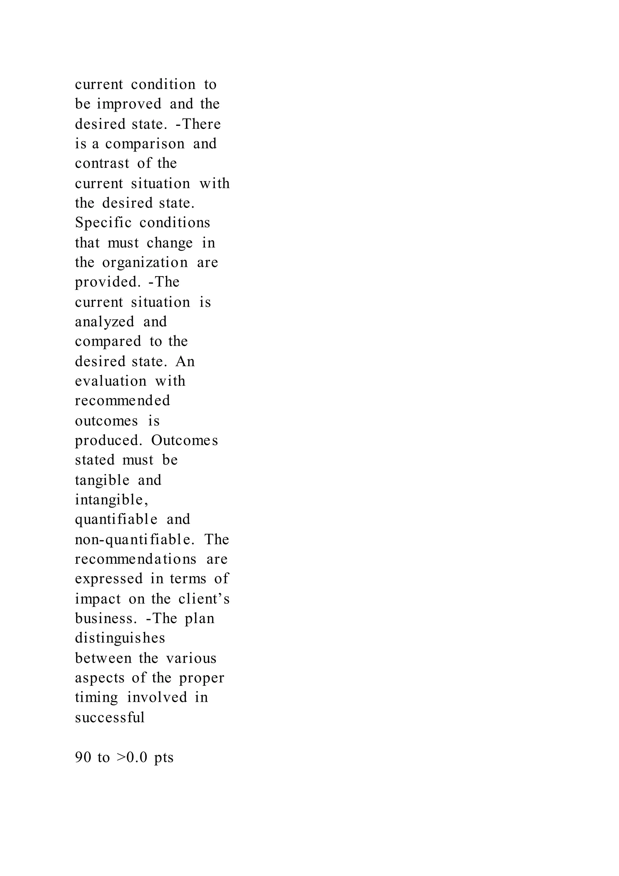current condition to
be improved and the
desired state. -There
is a comparison and
contrast of the
current situation with
the desired state.
Specific conditions
that must change in
the organization are
provided. -The
current situation is
analyzed and
compared to the
desired state. An
evaluation with
recommended
outcomes is
produced. Outcomes
stated must be
tangible and
intangible,
quantifiable and
non-quantifiable. The
recommendations are
expressed in terms of
impact on the client’s
business. -The plan
distinguishes
between the various
aspects of the proper
timing involved in
successful
90 to >0.0 pts
 