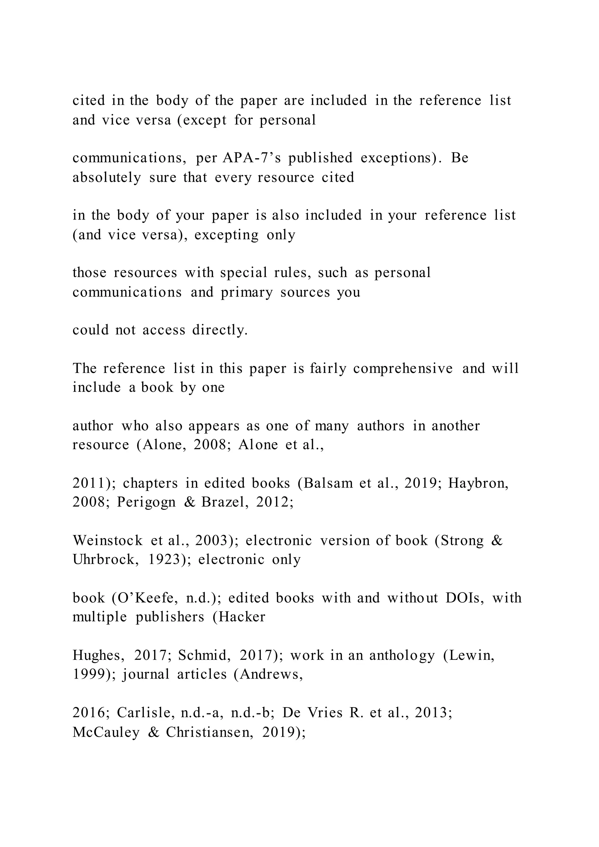 cited in the body of the paper are included in the reference list
and vice versa (except for personal
communications, per APA-7’s published exceptions). Be
absolutely sure that every resource cited
in the body of your paper is also included in your reference list
(and vice versa), excepting only
those resources with special rules, such as personal
communications and primary sources you
could not access directly.
The reference list in this paper is fairly comprehensive and will
include a book by one
author who also appears as one of many authors in another
resource (Alone, 2008; Alone et al.,
2011); chapters in edited books (Balsam et al., 2019; Haybron,
2008; Perigogn & Brazel, 2012;
Weinstock et al., 2003); electronic version of book (Strong &
Uhrbrock, 1923); electronic only
book (O’Keefe, n.d.); edited books with and without DOIs, with
multiple publishers (Hacker
Hughes, 2017; Schmid, 2017); work in an anthology (Lewin,
1999); journal articles (Andrews,
2016; Carlisle, n.d.-a, n.d.-b; De Vries R. et al., 2013;
McCauley & Christiansen, 2019);
 