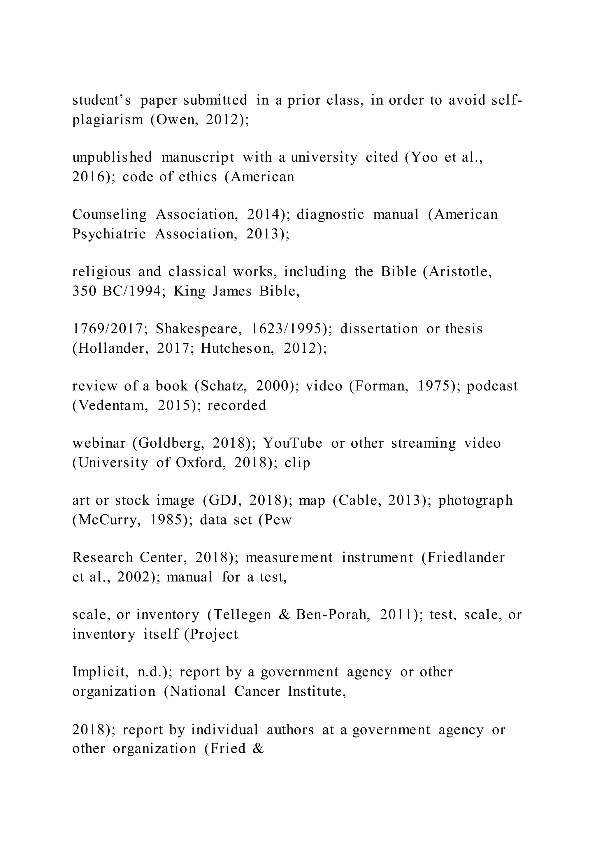 student’s paper submitted in a prior class, in order to avoid self-
plagiarism (Owen, 2012);
unpublished manuscript with a university cited (Yoo et al.,
2016); code of ethics (American
Counseling Association, 2014); diagnostic manual (American
Psychiatric Association, 2013);
religious and classical works, including the Bible (Aristotle,
350 BC/1994; King James Bible,
1769/2017; Shakespeare, 1623/1995); dissertation or thesis
(Hollander, 2017; Hutcheson, 2012);
review of a book (Schatz, 2000); video (Forman, 1975); podcast
(Vedentam, 2015); recorded
webinar (Goldberg, 2018); YouTube or other streaming video
(University of Oxford, 2018); clip
art or stock image (GDJ, 2018); map (Cable, 2013); photograph
(McCurry, 1985); data set (Pew
Research Center, 2018); measurement instrument (Friedlander
et al., 2002); manual for a test,
scale, or inventory (Tellegen & Ben-Porah, 2011); test, scale, or
inventory itself (Project
Implicit, n.d.); report by a government agency or other
organization (National Cancer Institute,
2018); report by individual authors at a government agency or
other organization (Fried &
 