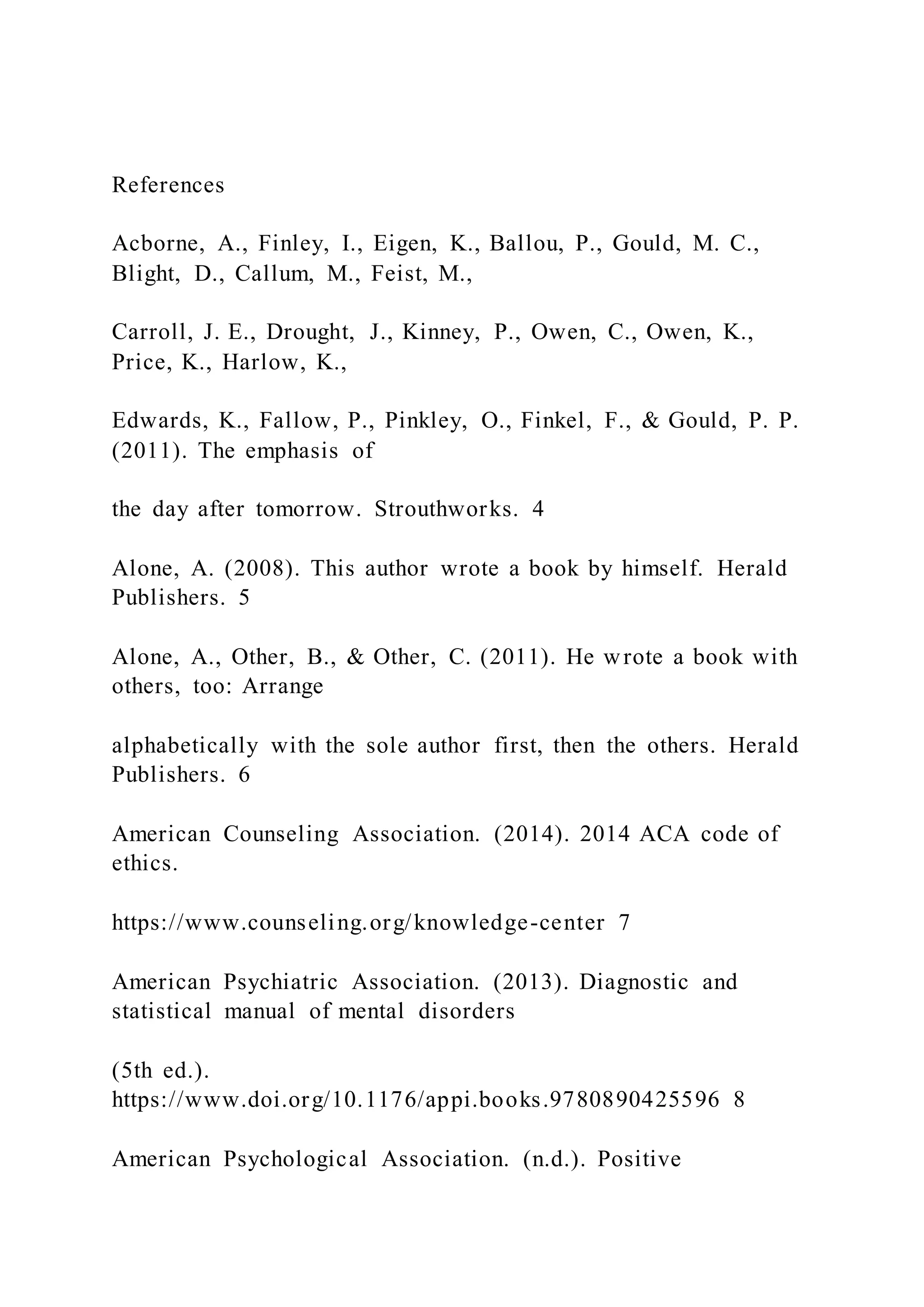 References
Acborne, A., Finley, I., Eigen, K., Ballou, P., Gould, M. C.,
Blight, D., Callum, M., Feist, M.,
Carroll, J. E., Drought, J., Kinney, P., Owen, C., Owen, K.,
Price, K., Harlow, K.,
Edwards, K., Fallow, P., Pinkley, O., Finkel, F., & Gould, P. P.
(2011). The emphasis of
the day after tomorrow. Strouthworks. 4
Alone, A. (2008). This author wrote a book by himself. Herald
Publishers. 5
Alone, A., Other, B., & Other, C. (2011). He wrote a book with
others, too: Arrange
alphabetically with the sole author first, then the others. Herald
Publishers. 6
American Counseling Association. (2014). 2014 ACA code of
ethics.
https://www.counseling.org/knowledge-center 7
American Psychiatric Association. (2013). Diagnostic and
statistical manual of mental disorders
(5th ed.).
https://www.doi.org/10.1176/appi.books.9780890425596 8
American Psychological Association. (n.d.). Positive
 
